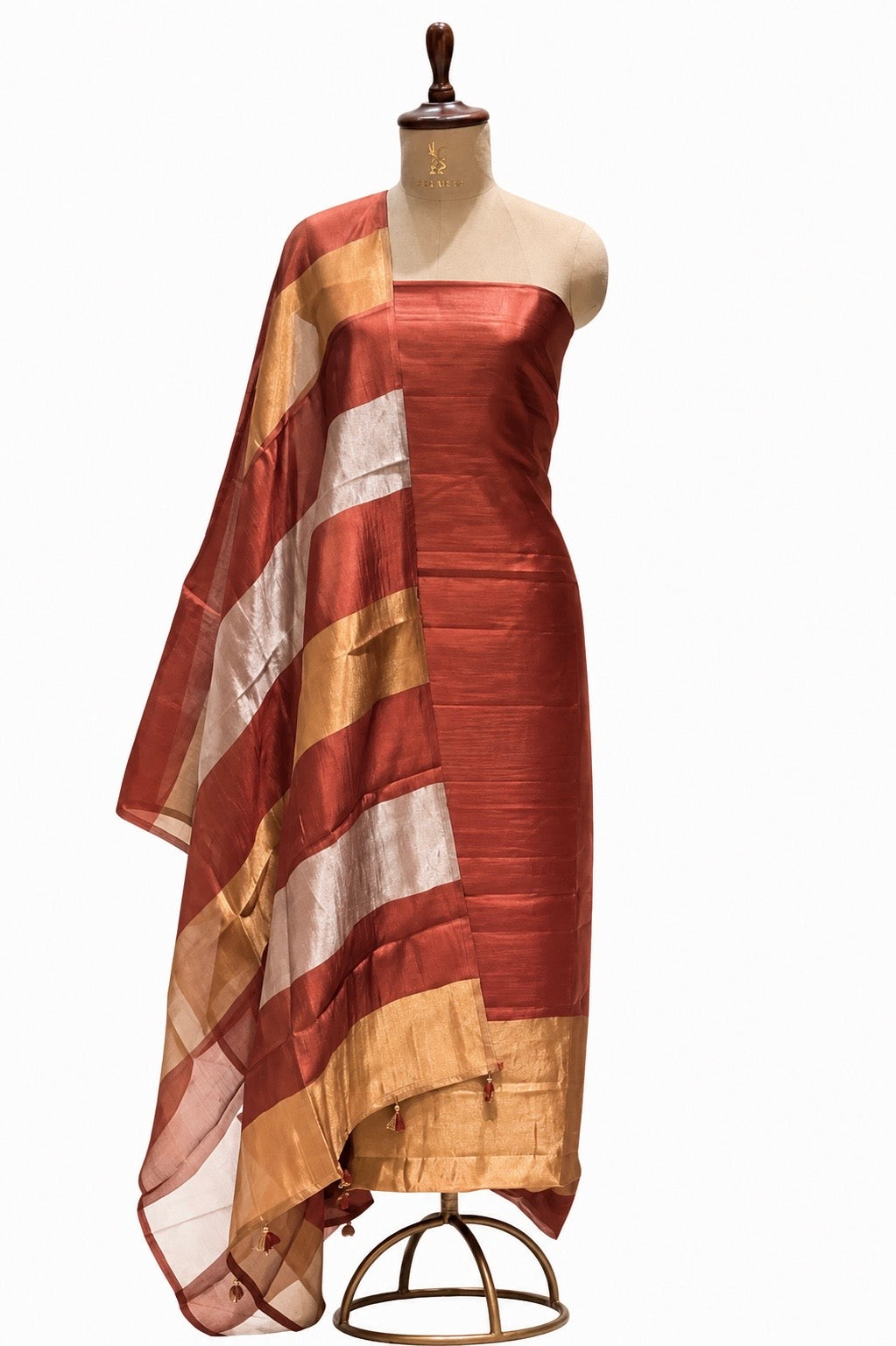 Warm Brown Pure Soft Silk Suit Set With Tissue Panelled Dupatta