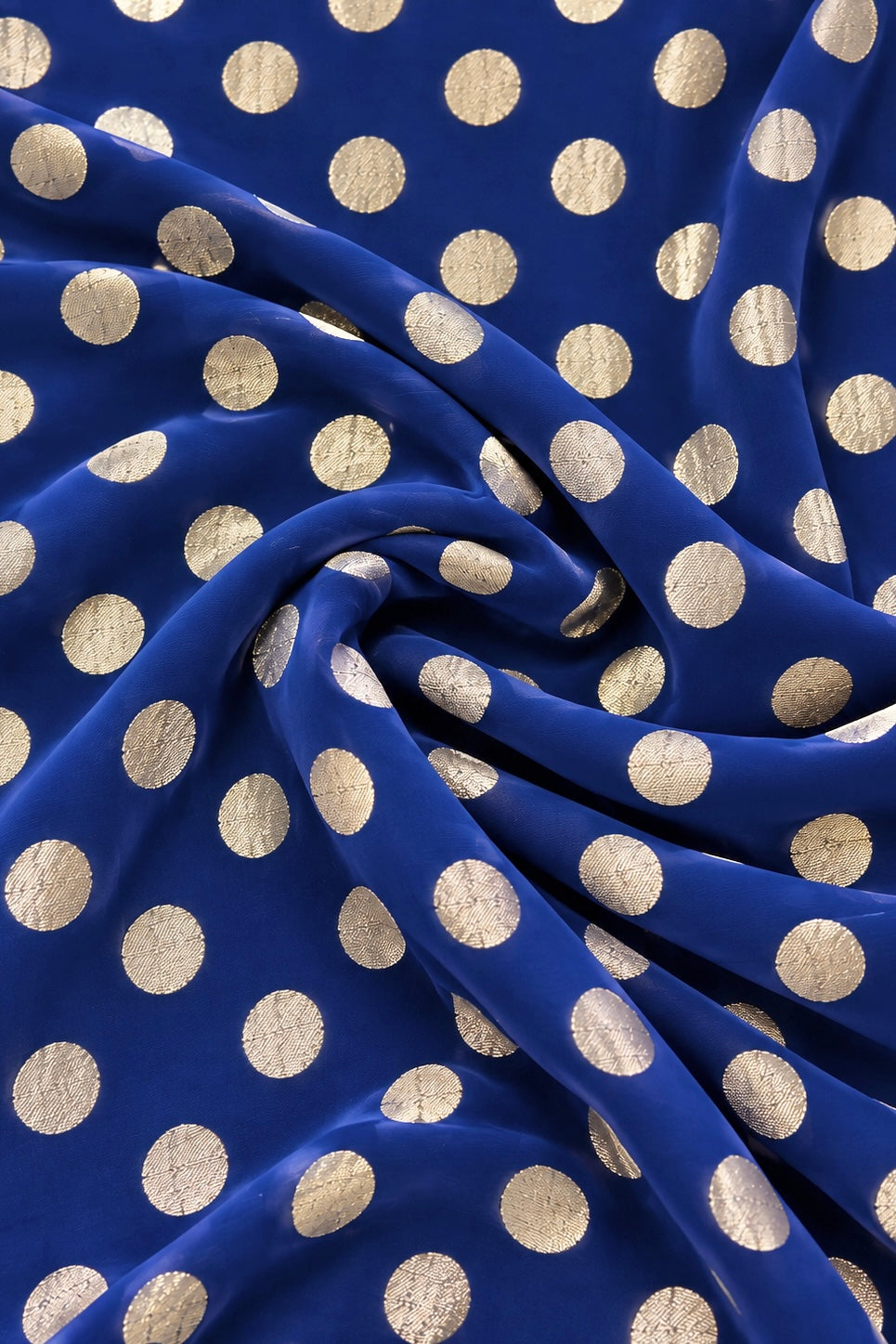 Blue Pure Georgette Fabric with Polka Dots