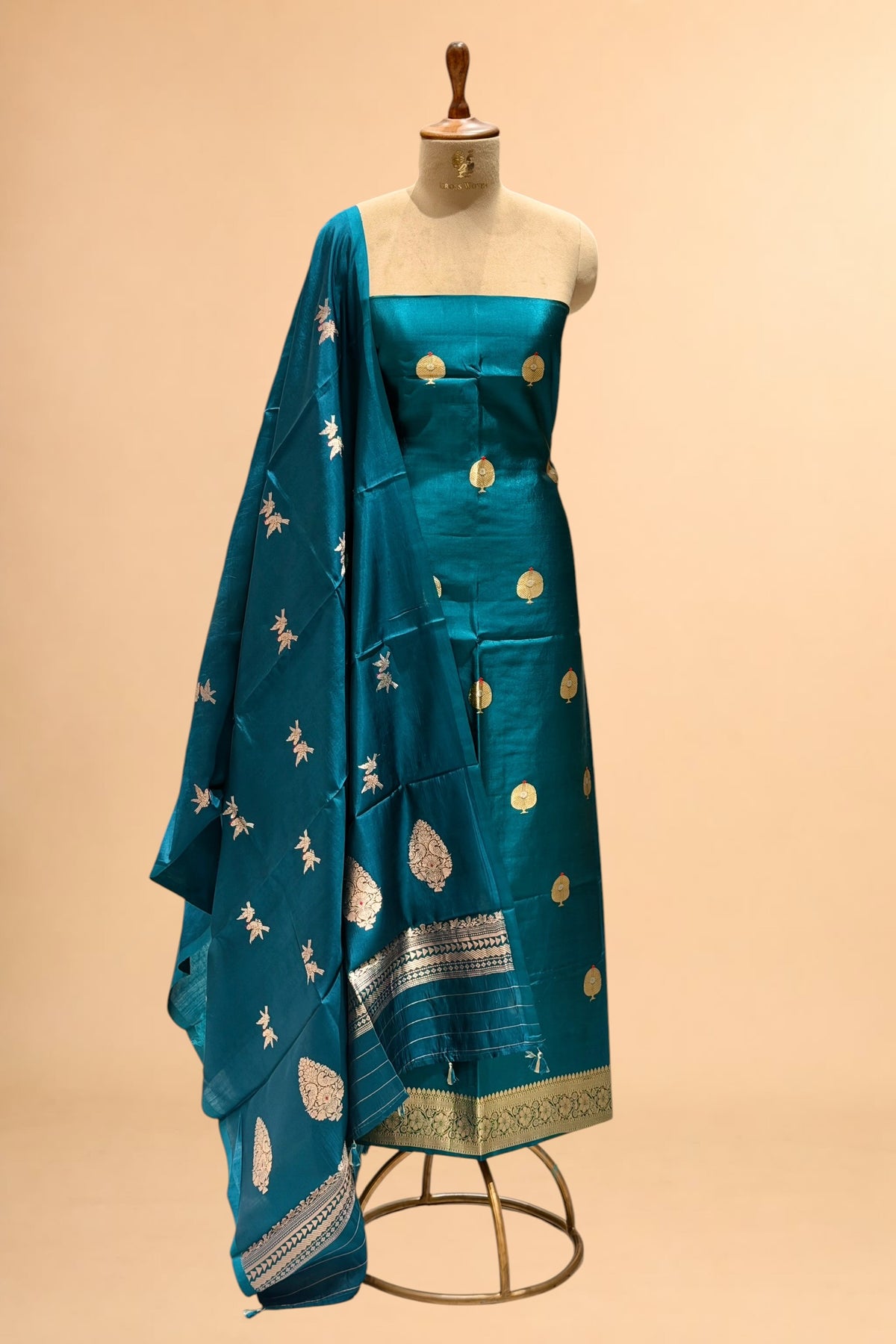 Teal Pure Soft Silk Suit Set with Deer Motif Dupatta