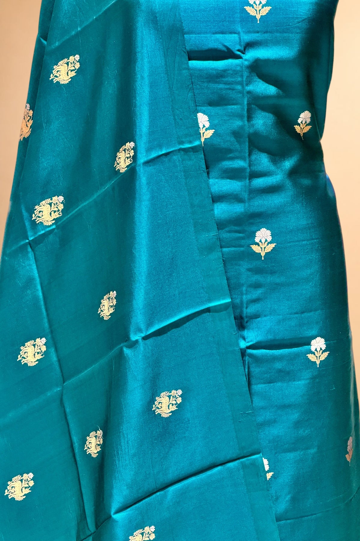 Teal Pure Soft Silk Suit Set with Meenakari Bird Dupatta
