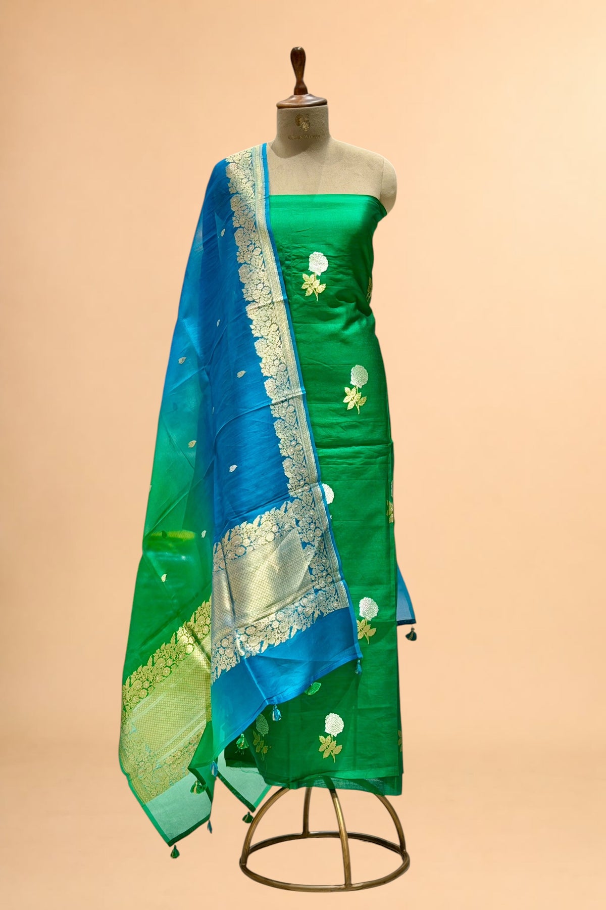 Emerald Green Pure Chiniya Silk Suit Set with ombré Dye Dupatta