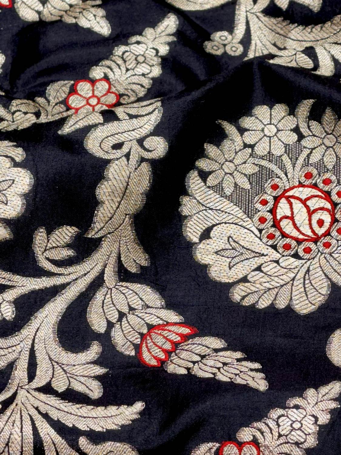 Black Banarasi Allover Floral Jaal Pure Katan Silk Fabric