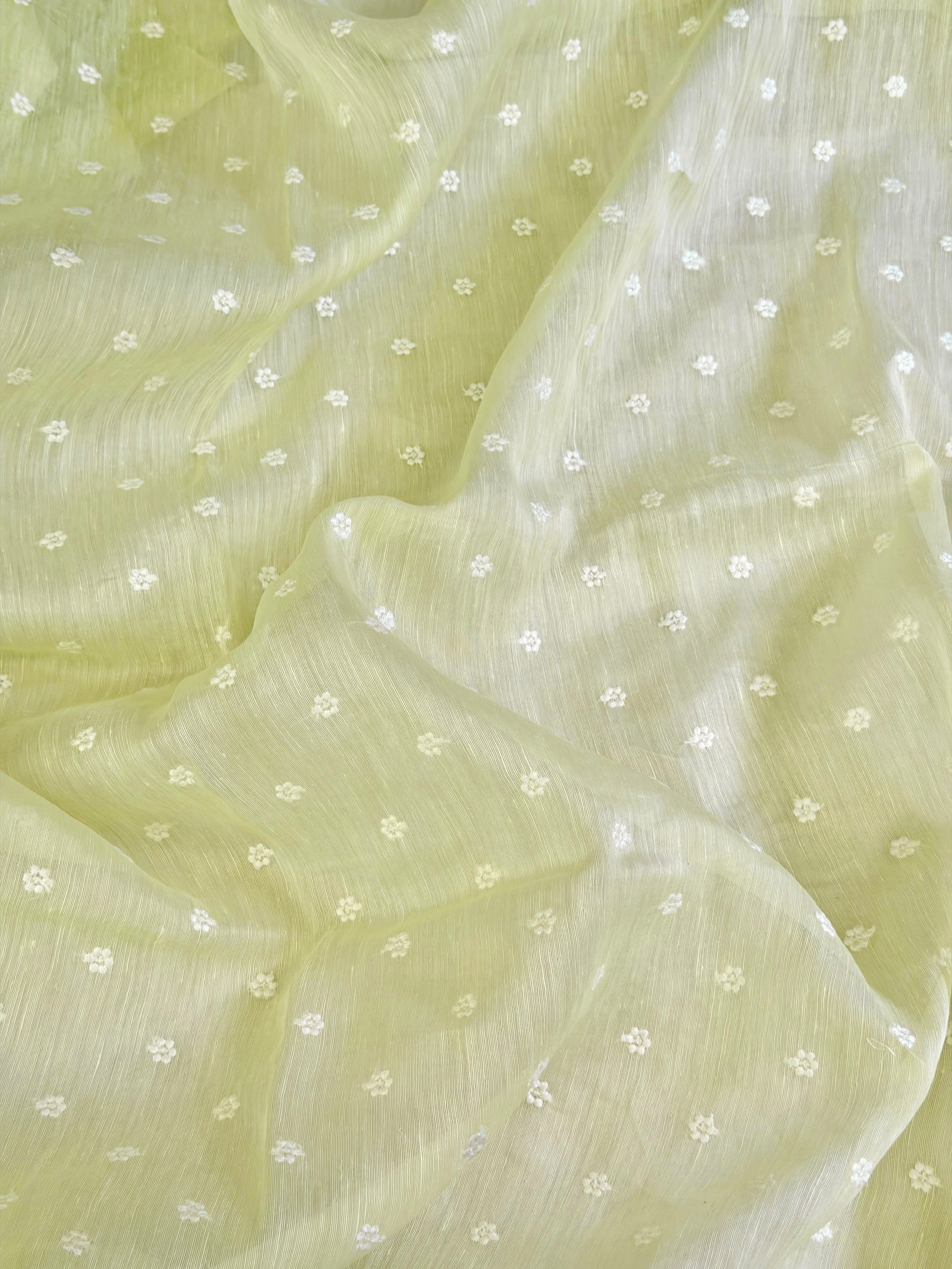 Pastel Green Silk Linen Fabric With Flower Embroidery