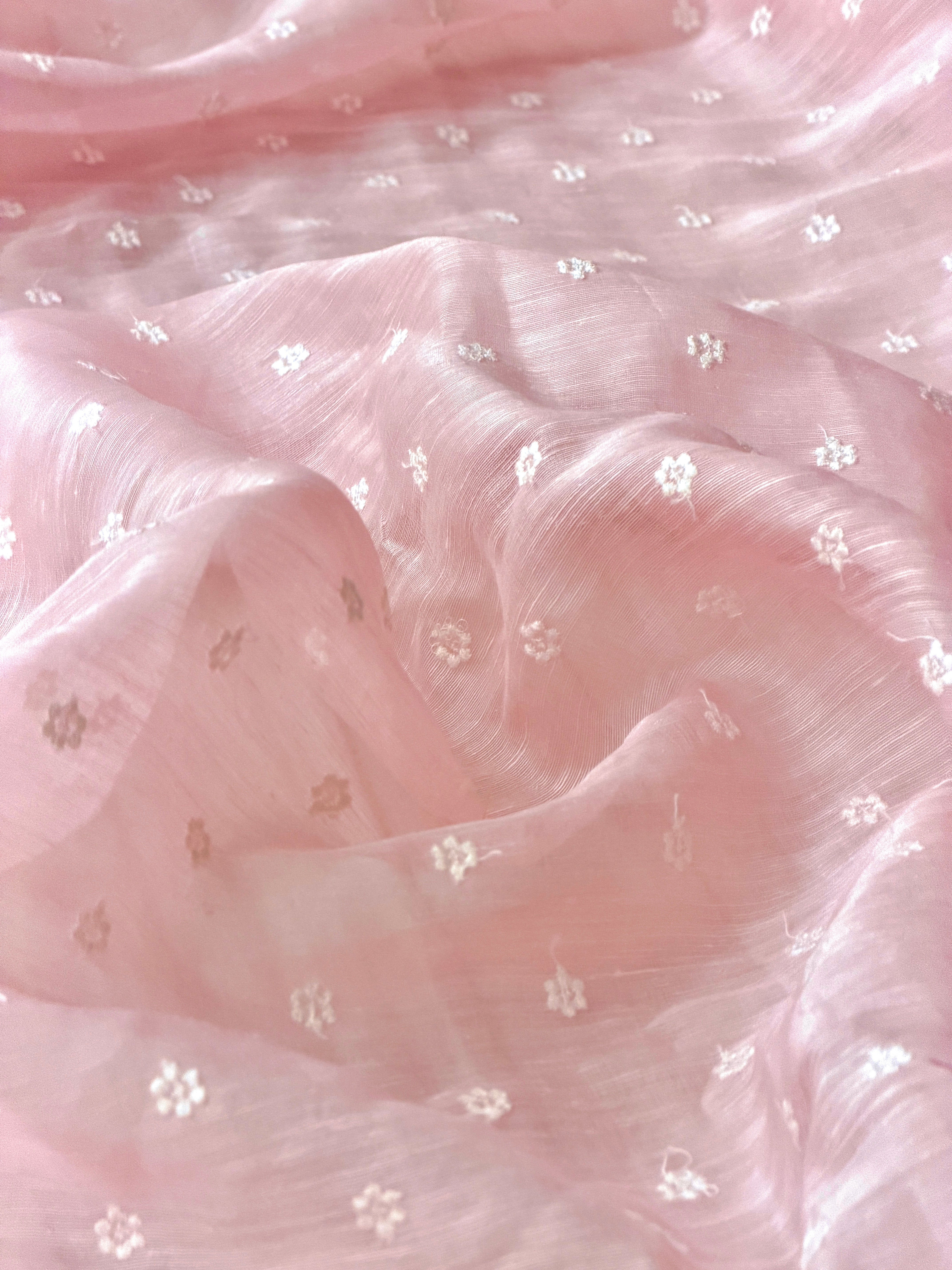 Pastel Pink Silk Linen Fabric With Flower Embroidery
