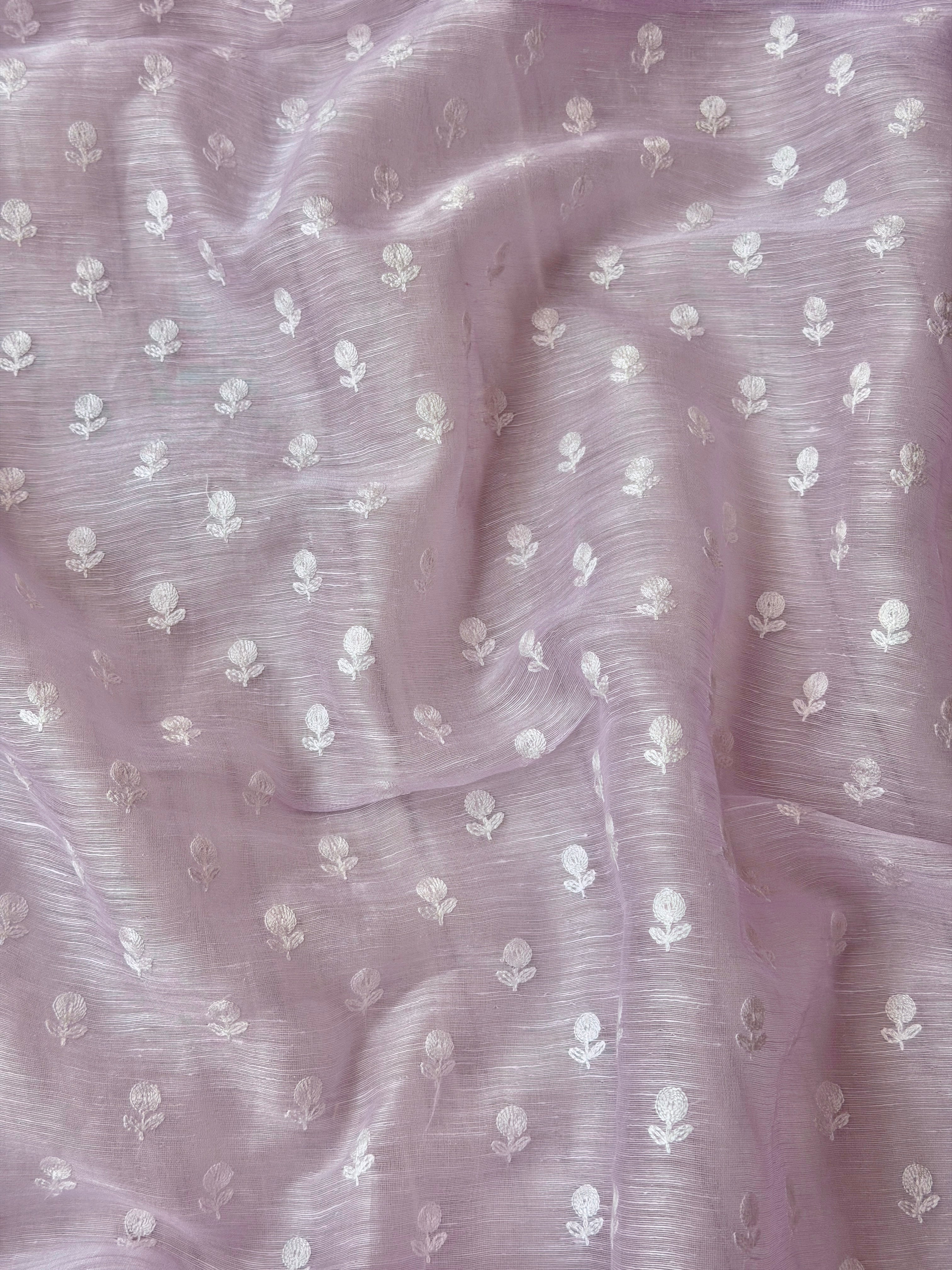 Lavender Silk Linen Fabric With Flower Embroidery