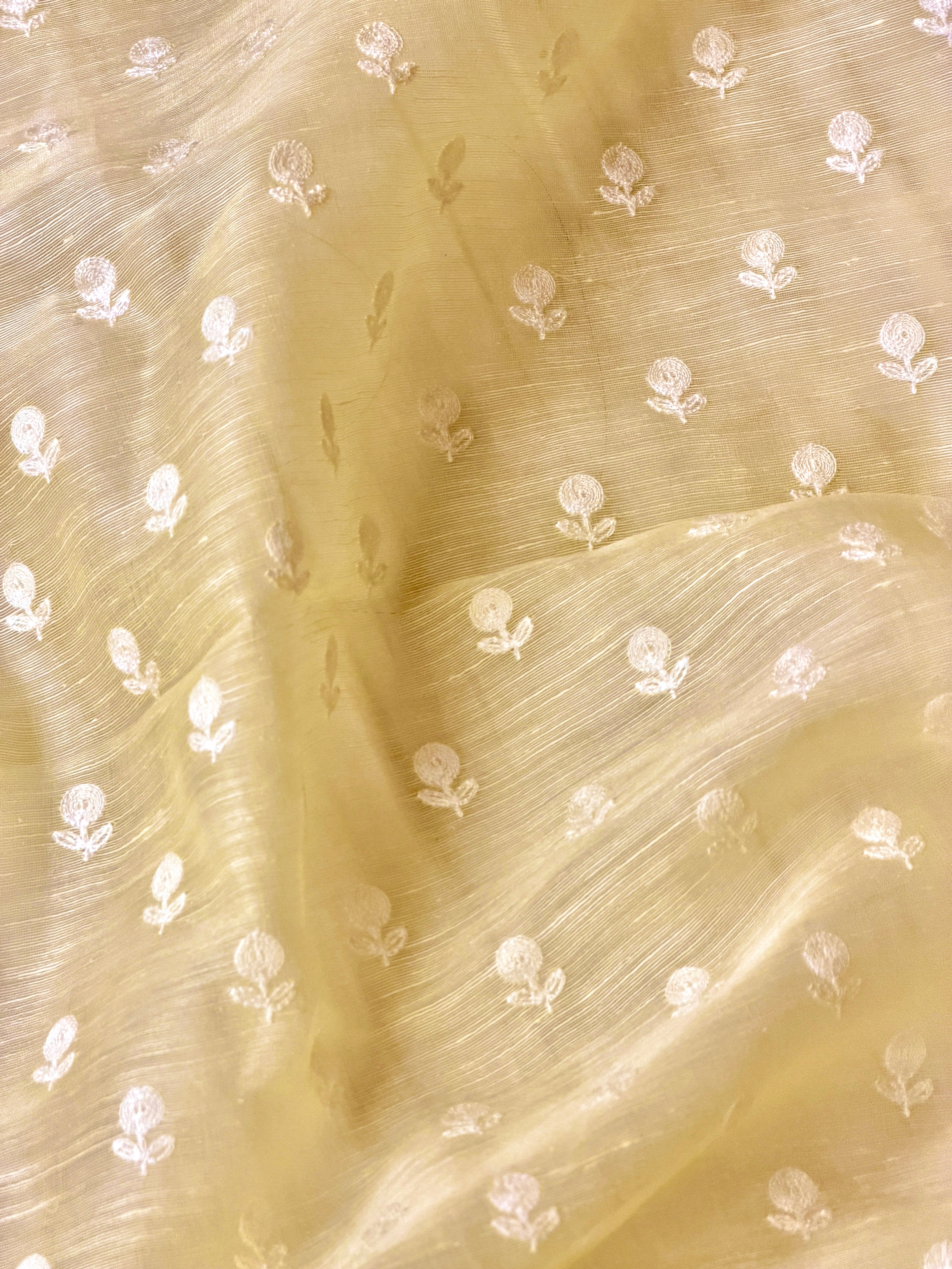 Pastel Yellow Silk Linen Fabric With Flower Embroidery