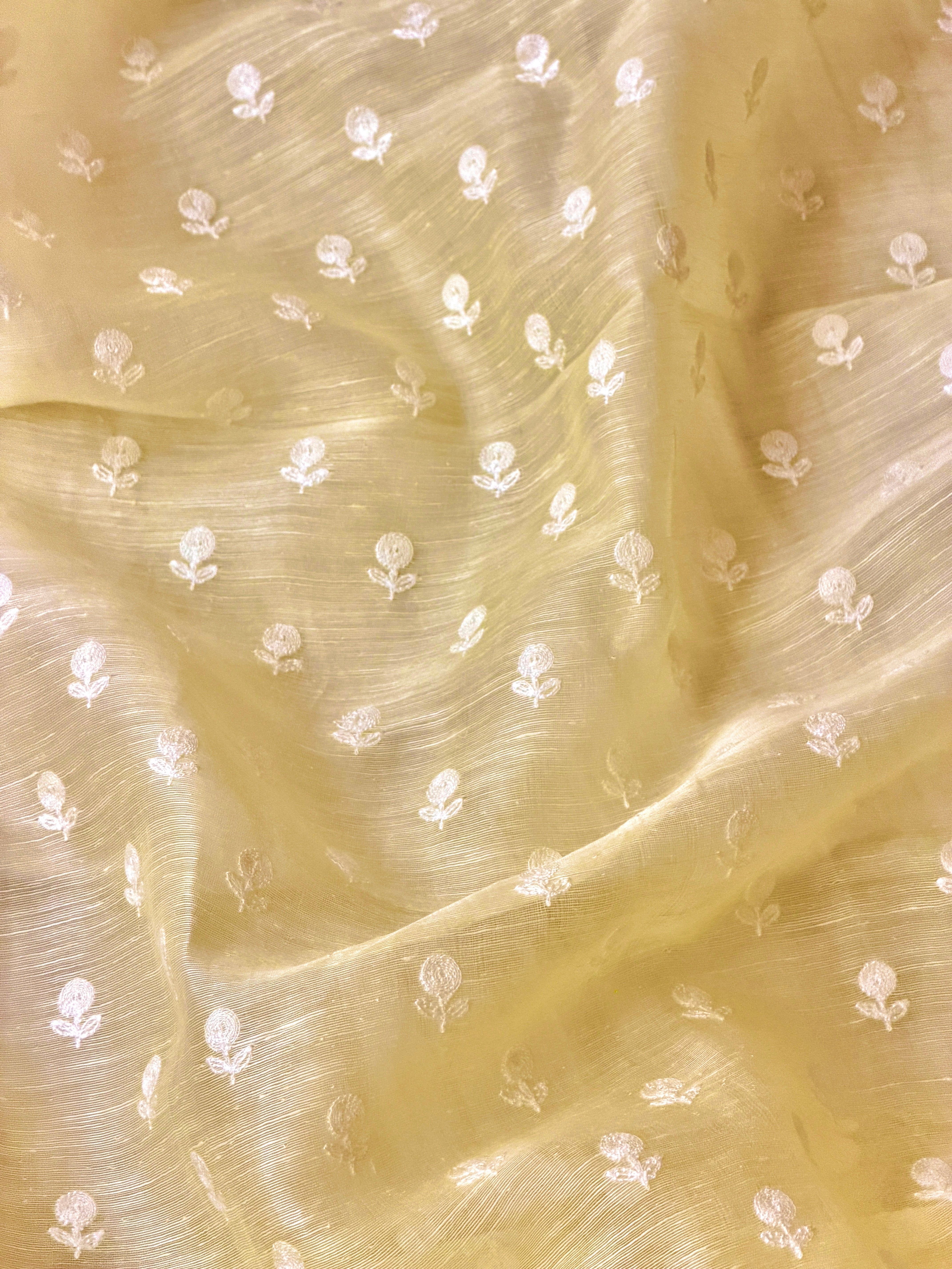 Pastel Yellow Silk Linen Fabric With Flower Embroidery