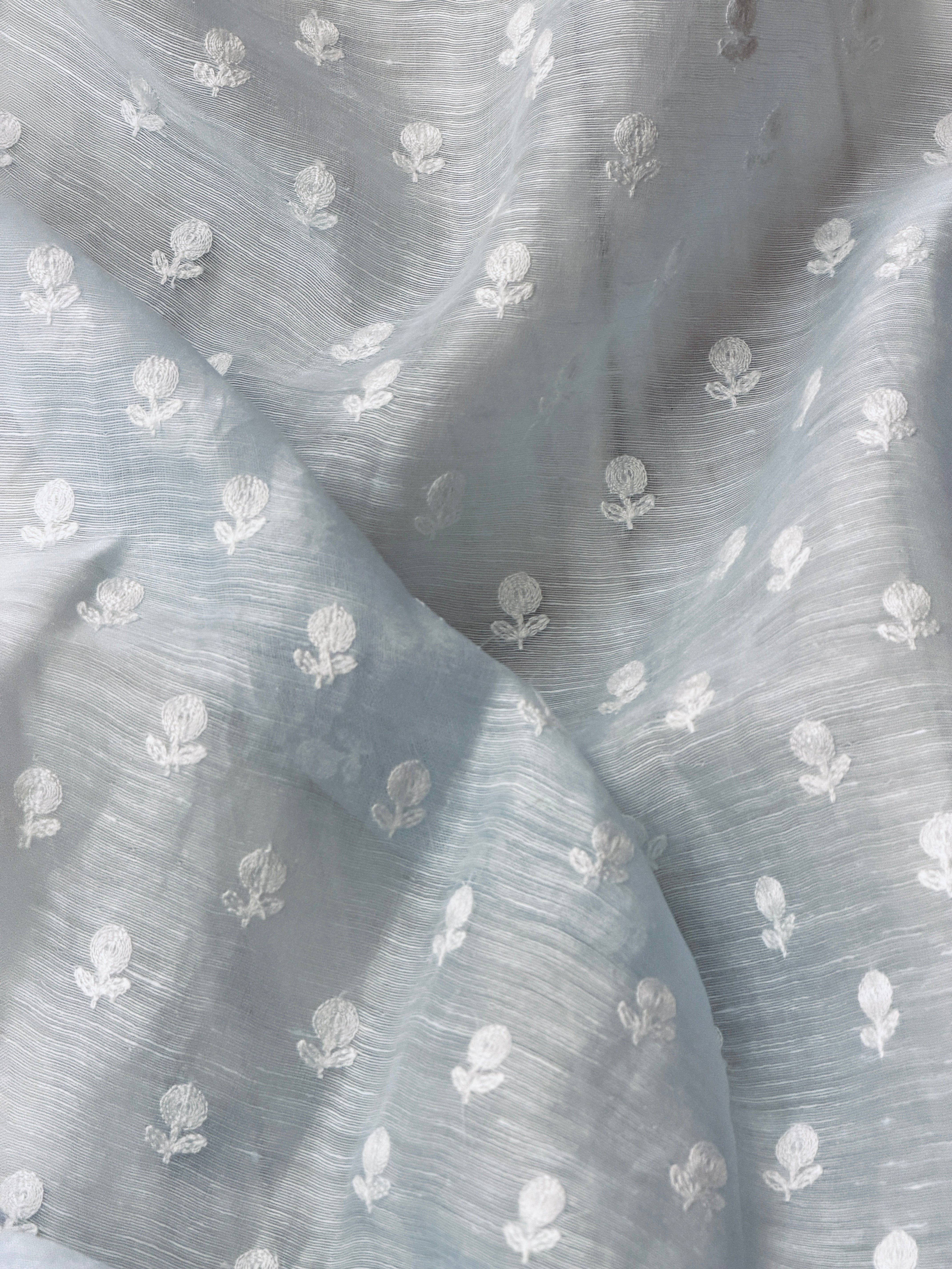 Baby Blue Silk Linen Fabric With Flower Embroidery
