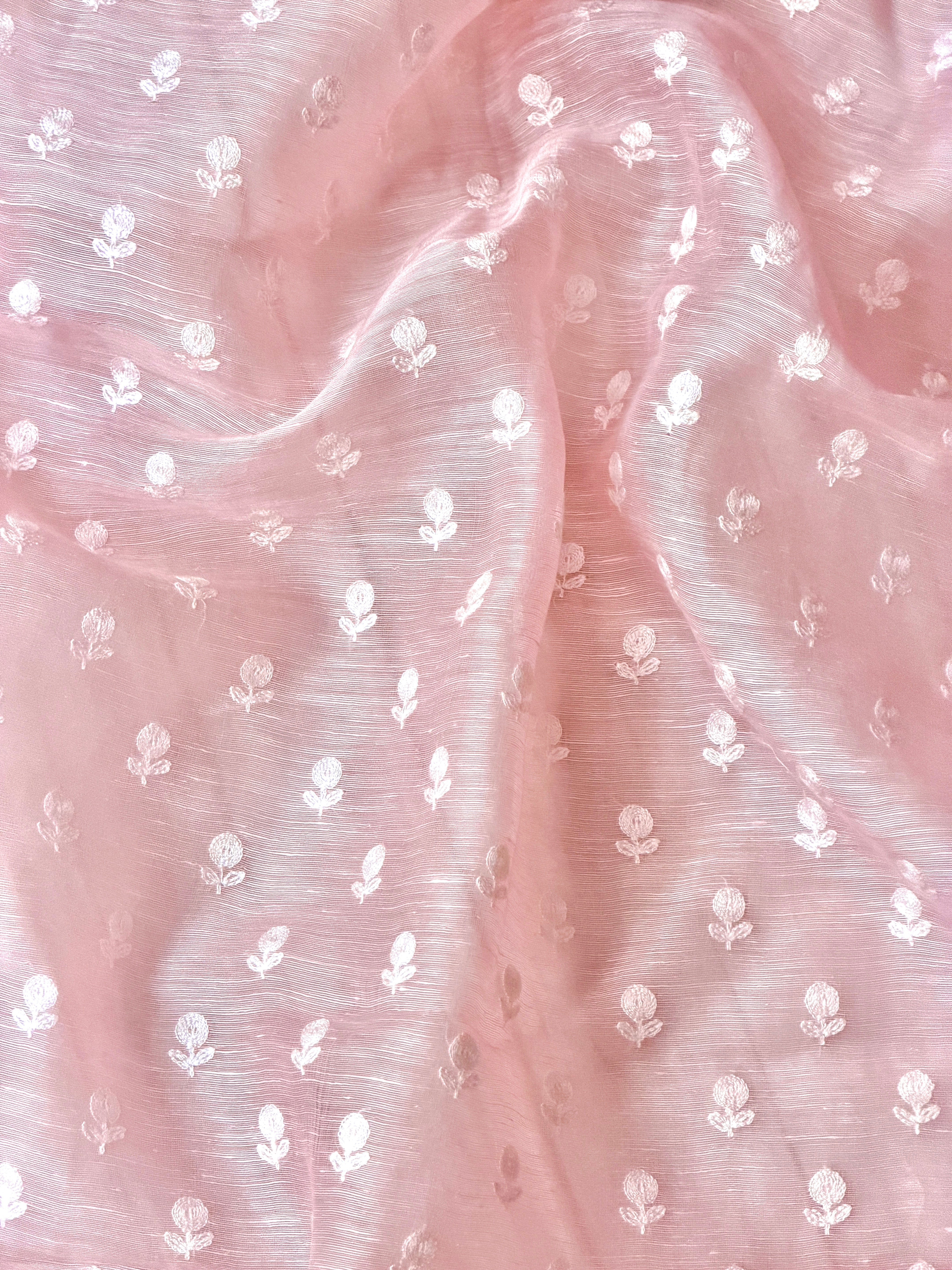Pastel Pink Silk Linen Fabric With Flower Embroidery
