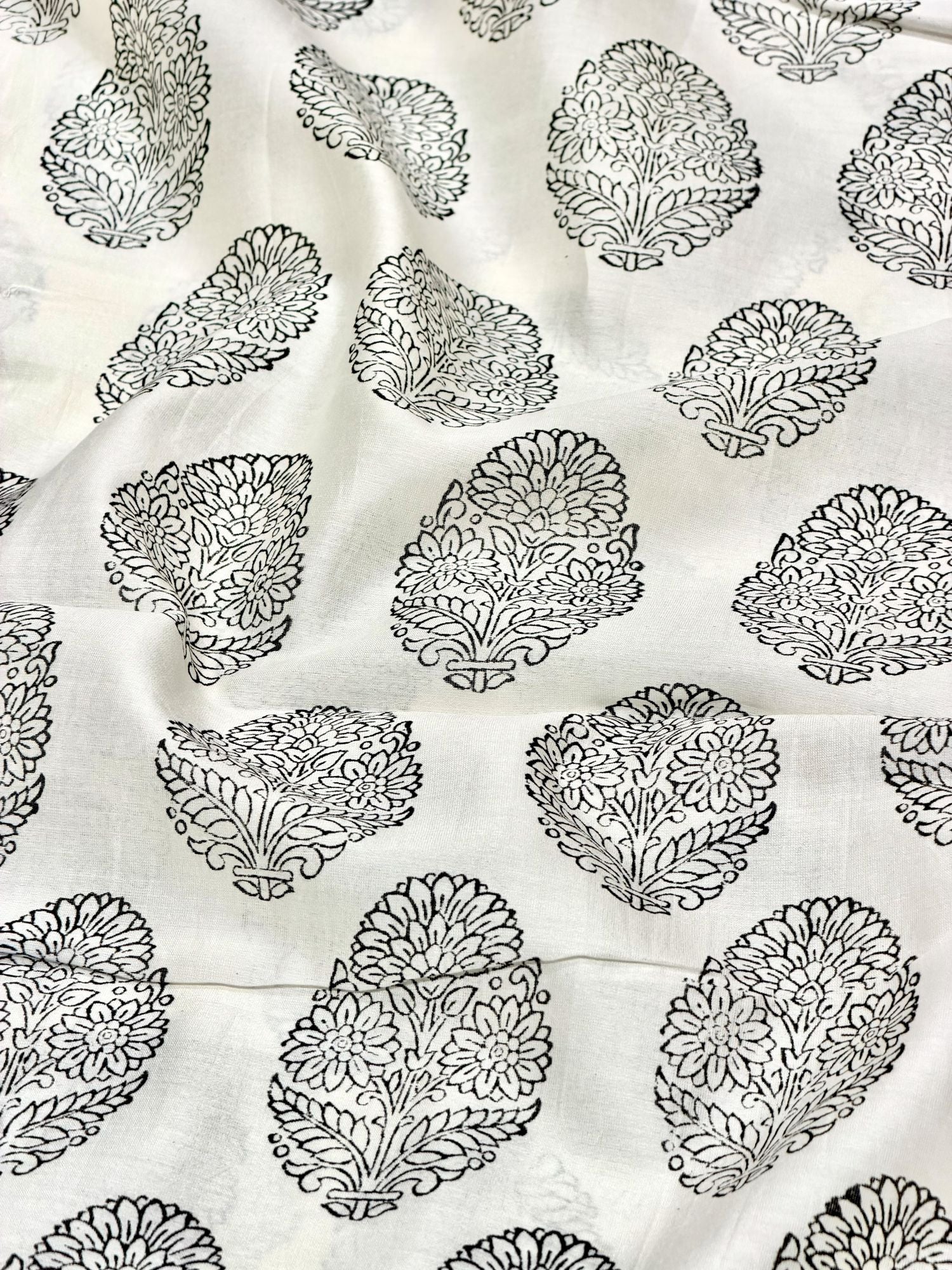 Pure Chanderi Silk Fabric With Black Hand Block Prints