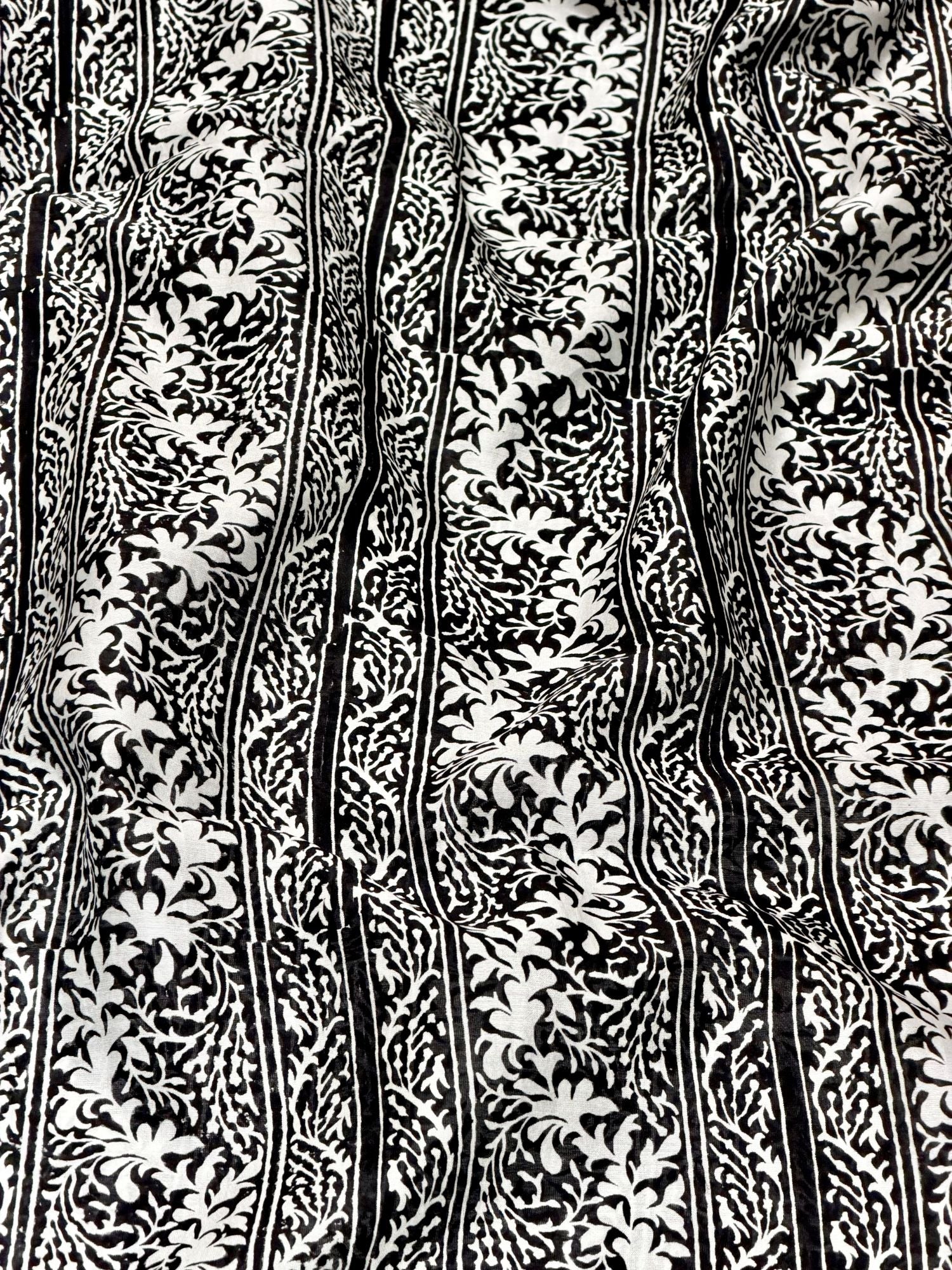 Pure Chanderi Silk Fabric With Black Hand Block Prints
