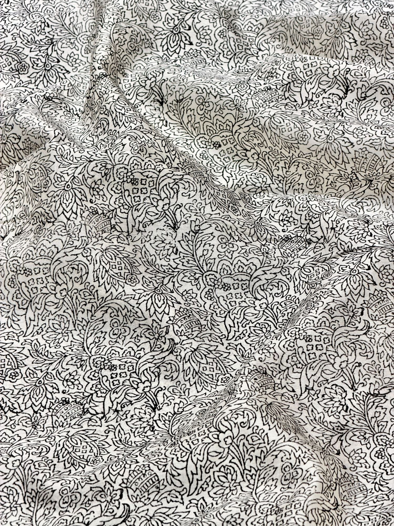 Pure Chanderi Silk Fabric With Black Hand Block Prints