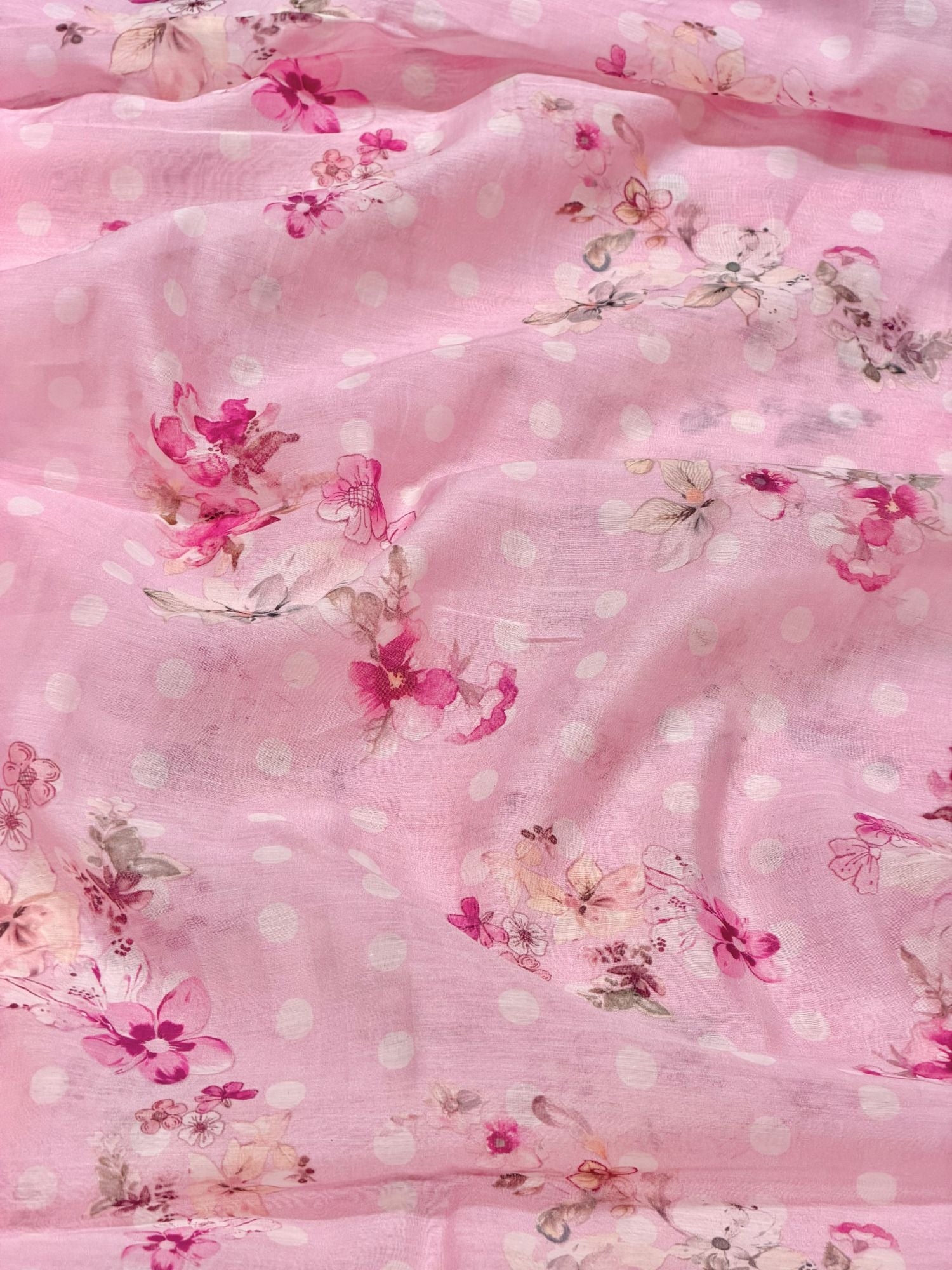 Pink Floral Polka Mul Prints Fabric