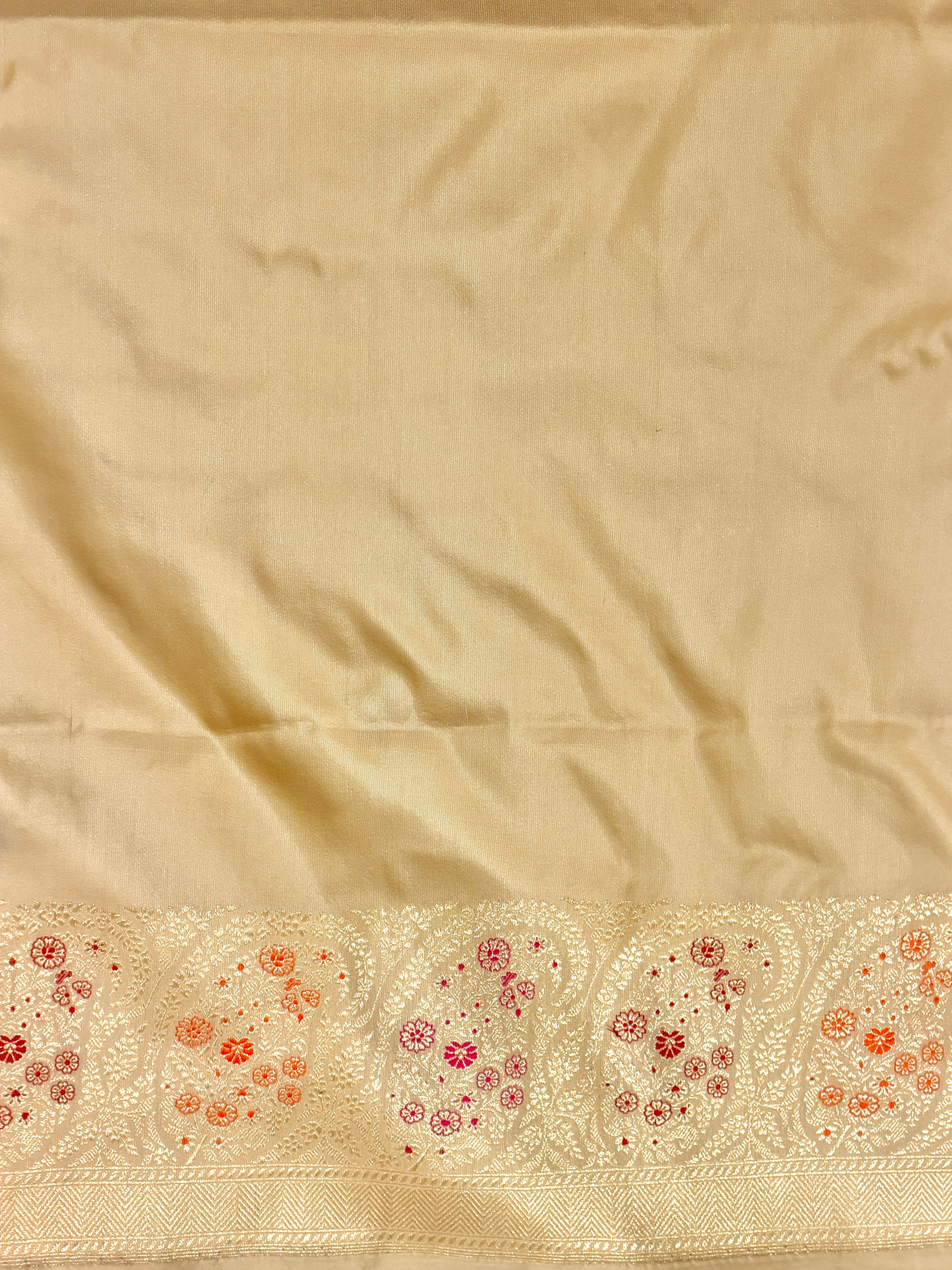 Warm Ivory Katan Silk Saree with Paisley Border | Onam Collection