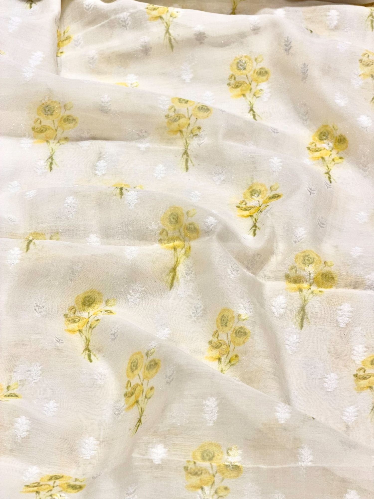 Ivory Yellow Floral Mul Weaving Fabric