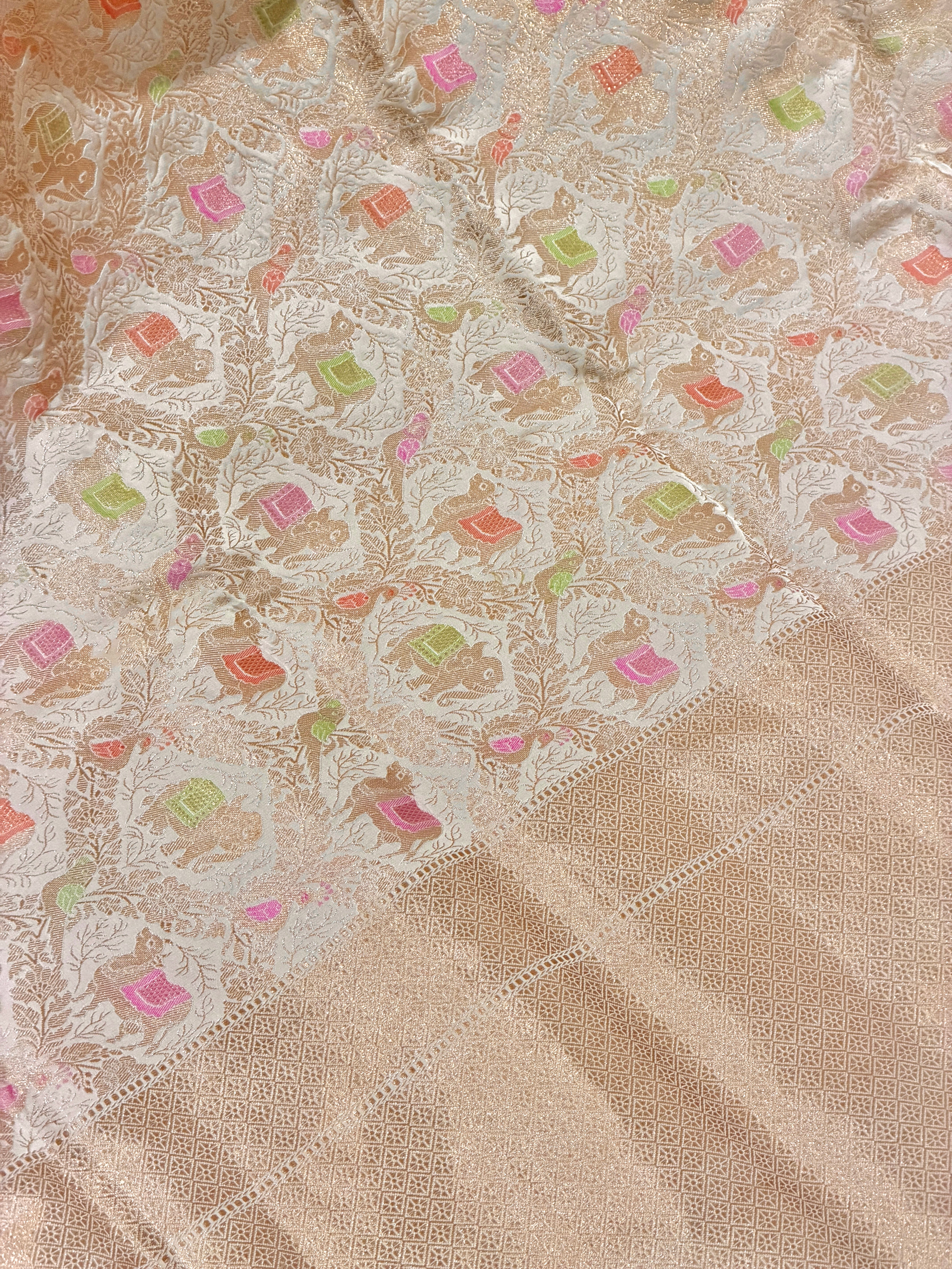 Ivory Katan Silk Saree with Gaj, Nandi & Pakshi Jaal Pattern | Onam Collection