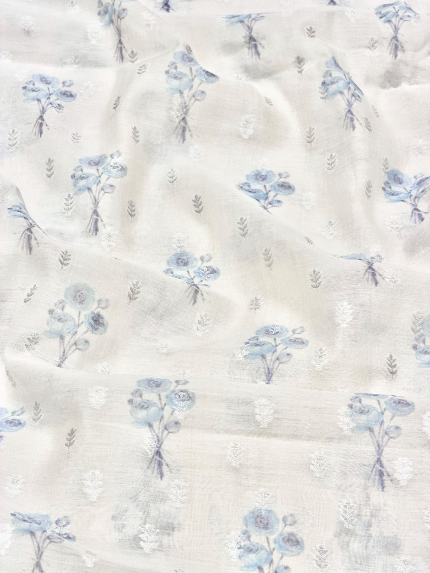 Ivory Blue Floral Mul Weaving Fabric