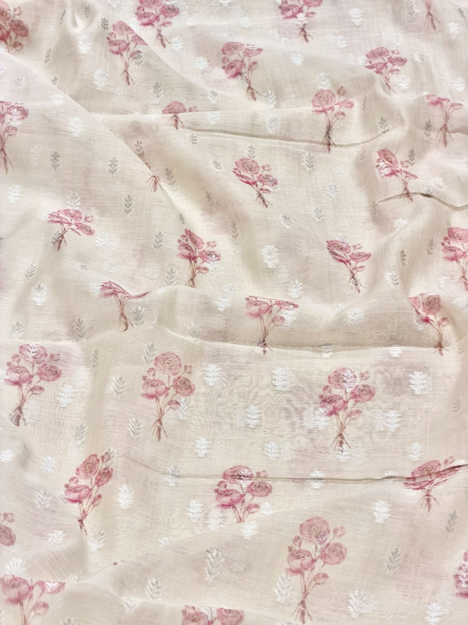 Ivory Pink Floral Mul Weaving Fabric