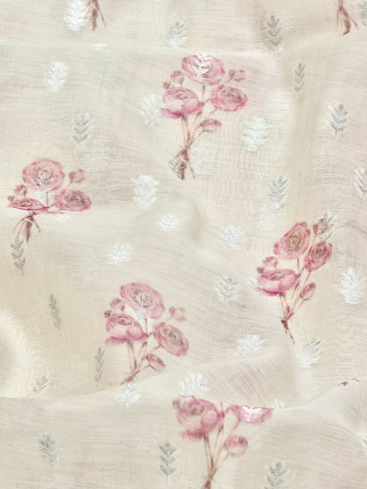 Ivory Pink Floral Mul Weaving Fabric
