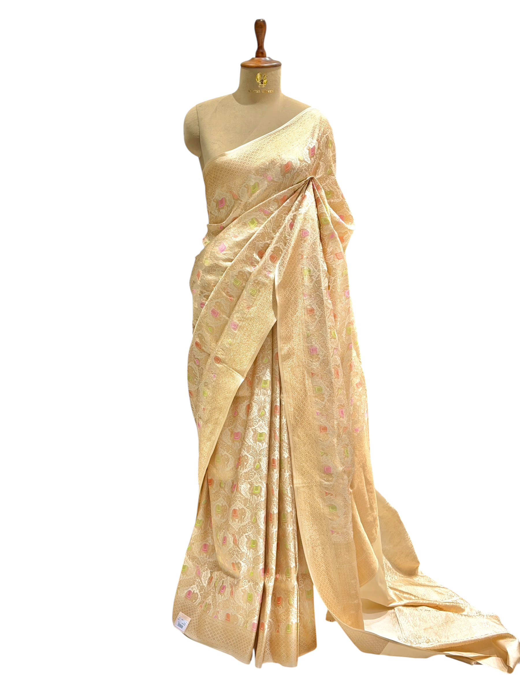 Ivory Katan Silk Saree with Gaj, Nandi & Pakshi Jaal Pattern | Onam Collection