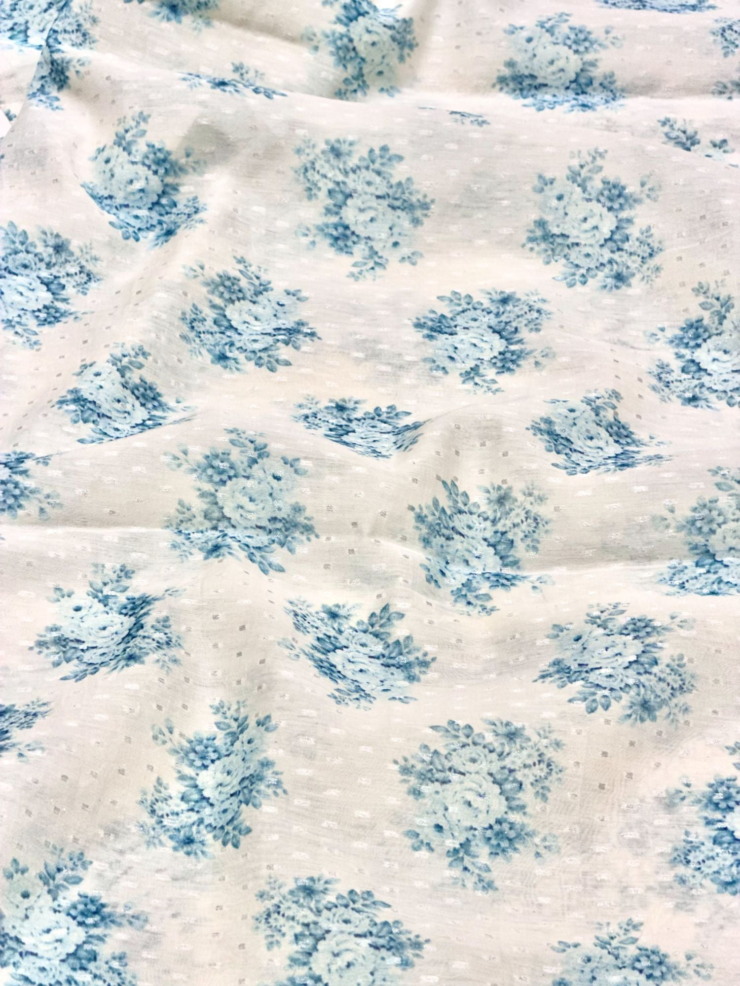 Ivory & Powder Blue Floral Mul Weaving Fabric