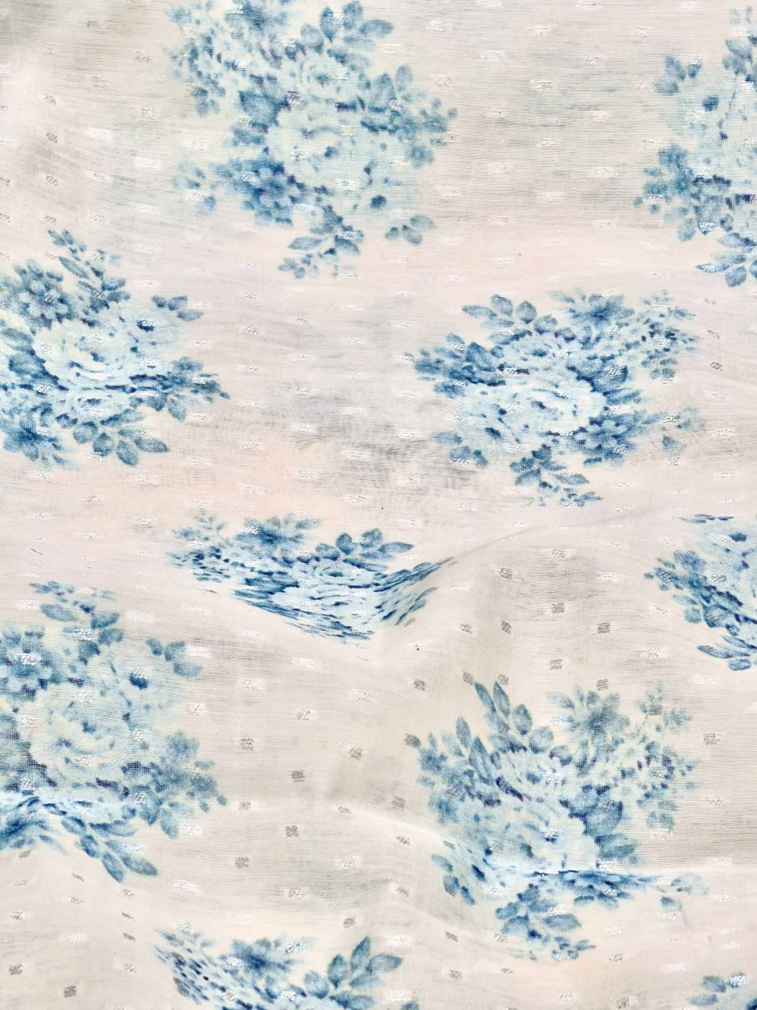 Ivory & Powder Blue Floral Mul Weaving Fabric