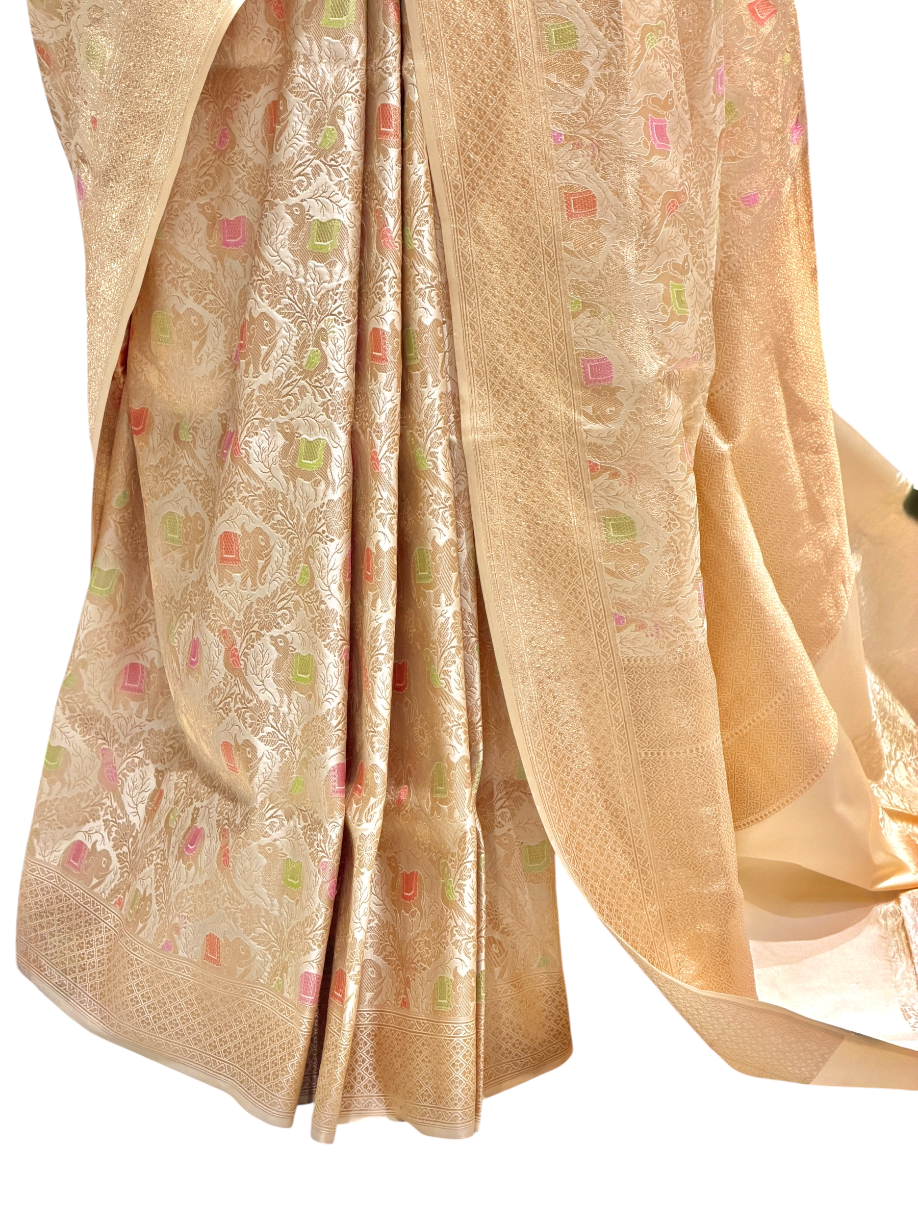 Ivory Katan Silk Saree with Gaj, Nandi & Pakshi Jaal Pattern | Onam Collection