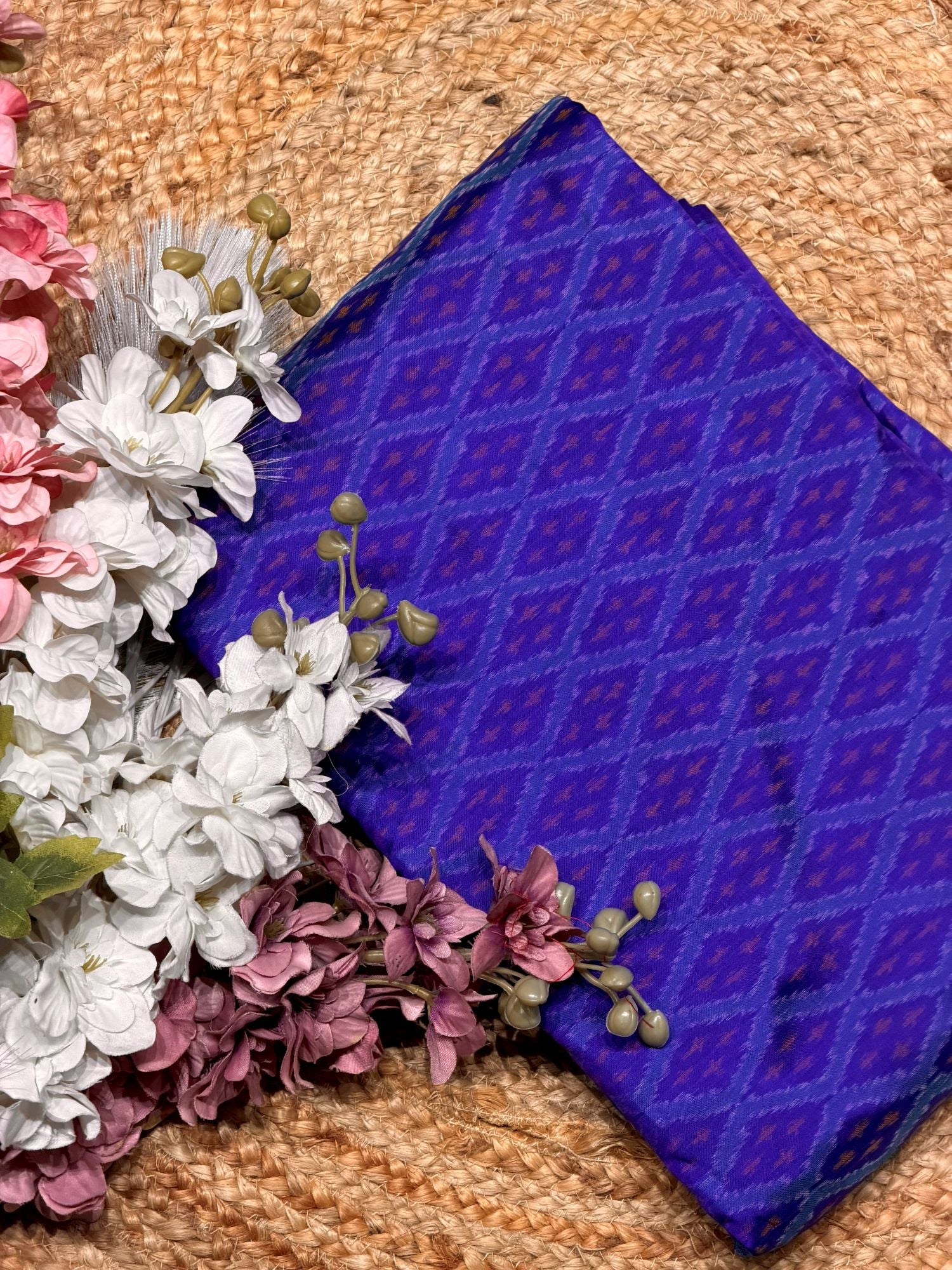 Royal Blue & Purple Pure Silk Ikat Fabric with Traditional Diamond Motifs
