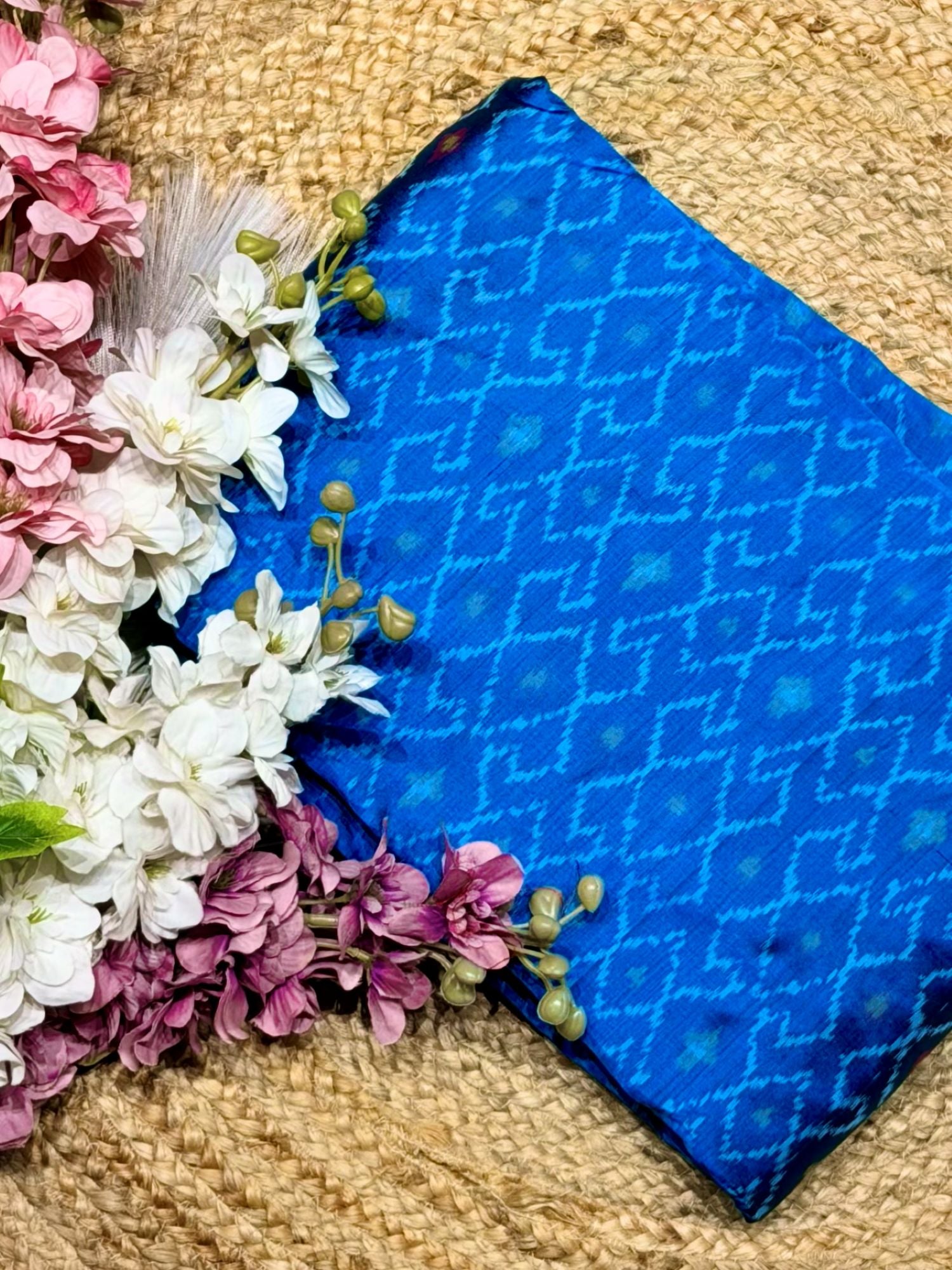 Royal Blue Pure Silk Ikat Fabric with Traditional Motifs