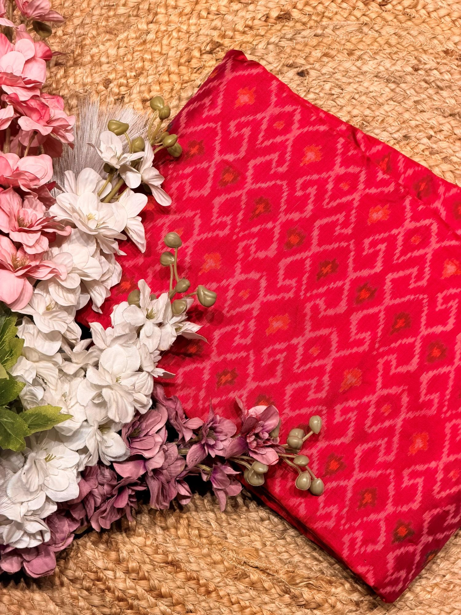 Vibrant Pink Pure Silk Ikat Fabric with Traditional Geometric Motifs