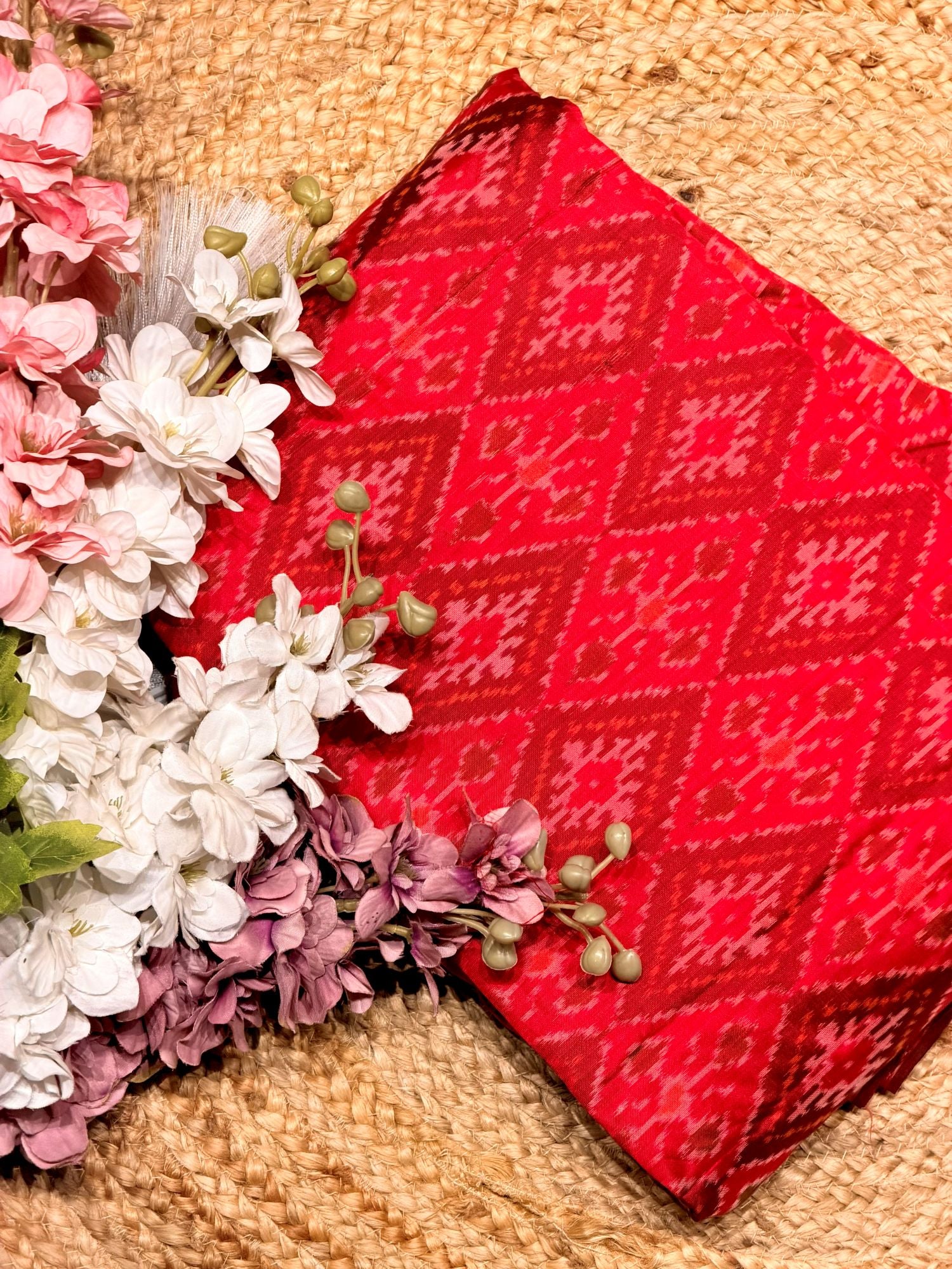 Bright Red Pure Silk Ikat Fabric with Traditional Diamond Motifs
