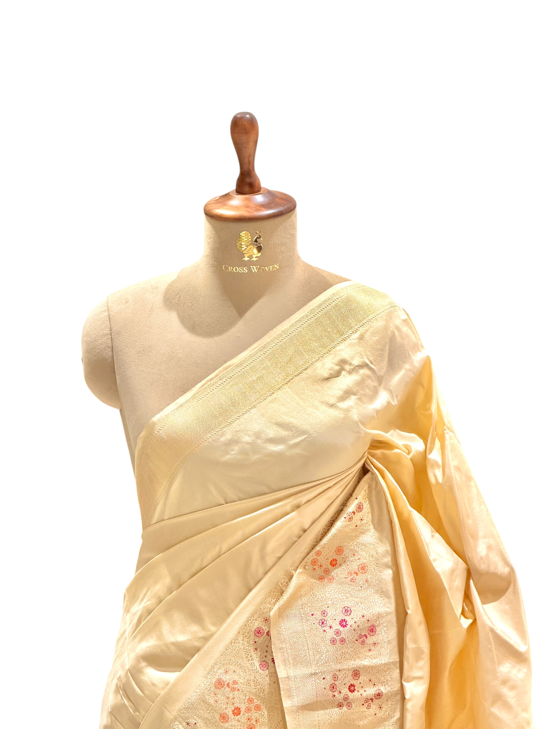 Warm Ivory Katan Silk Saree with Paisley Border | Onam Collection