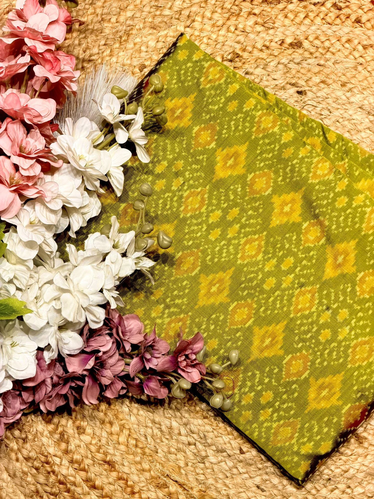 Olive Green & Mustard Yellow Pure Silk Ikat Fabric with Traditional Motifs
