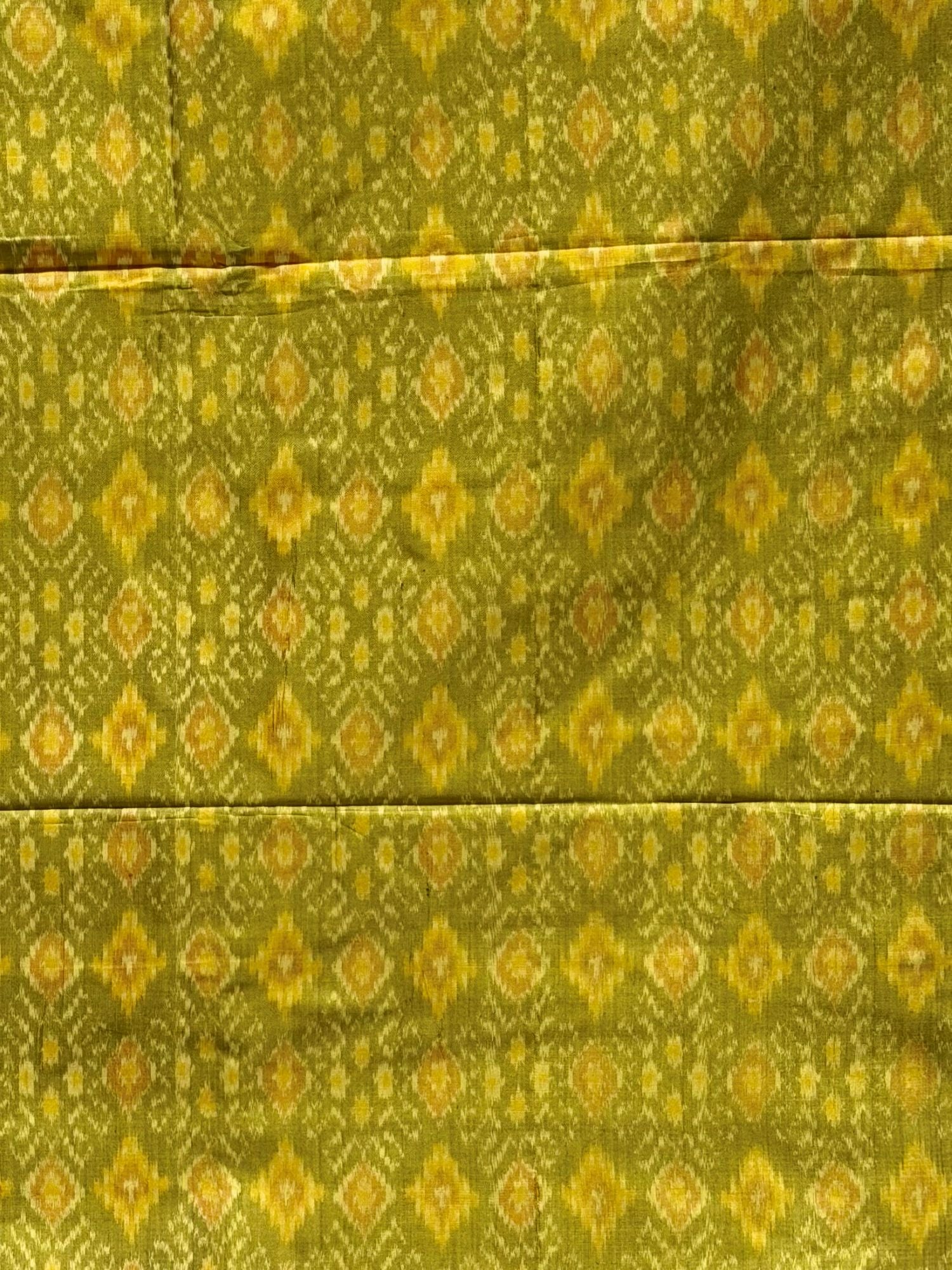 Olive Green & Mustard Yellow Pure Silk Ikat Fabric with Traditional Motifs