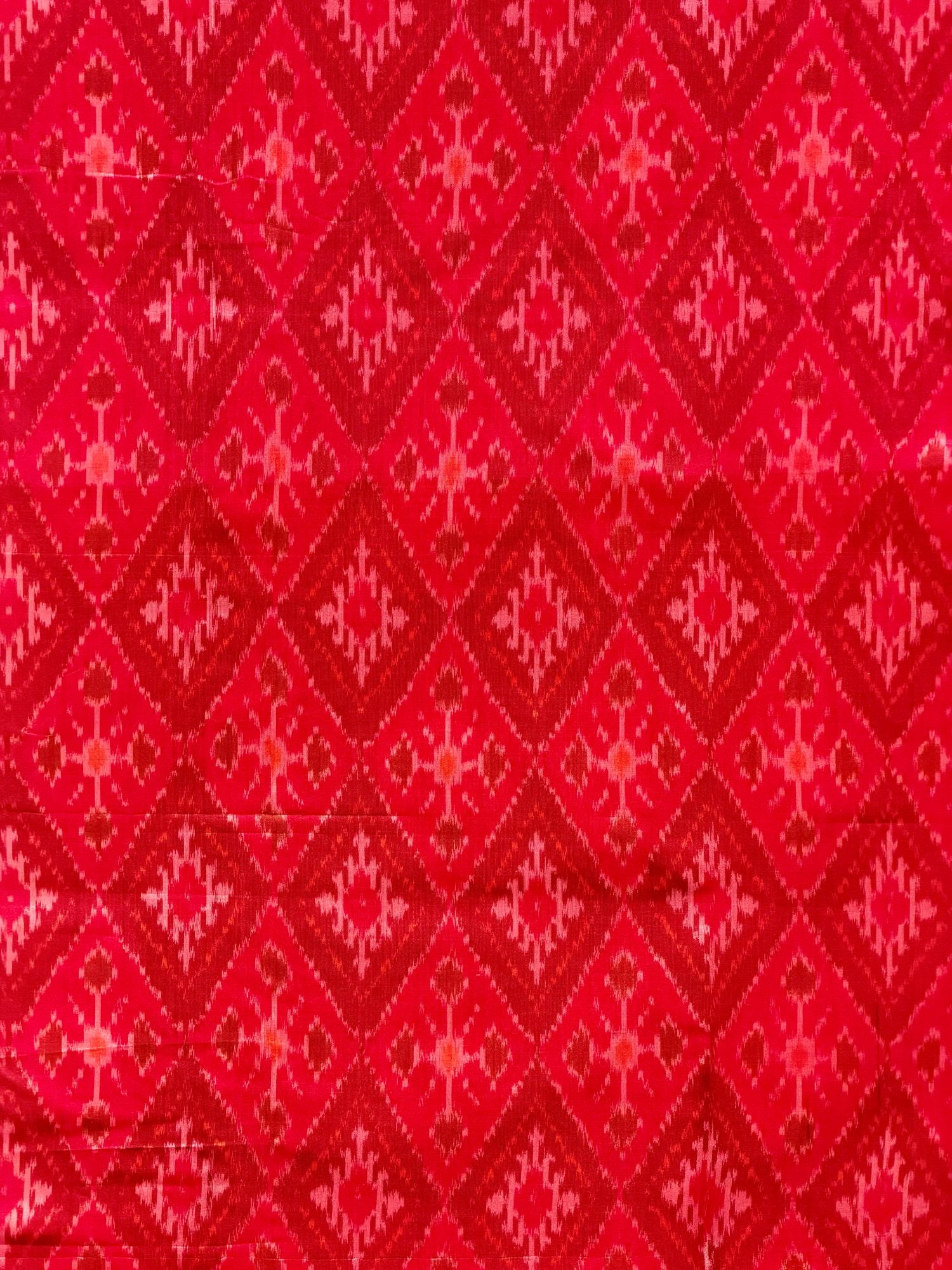 Bright Red Pure Silk Ikat Fabric with Traditional Diamond Motifs
