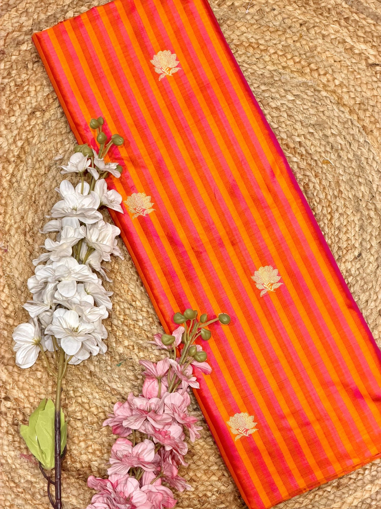 Orange Pure Katan Silk Fabric Rangkaat Stripes With Kadhwa Floral Boota