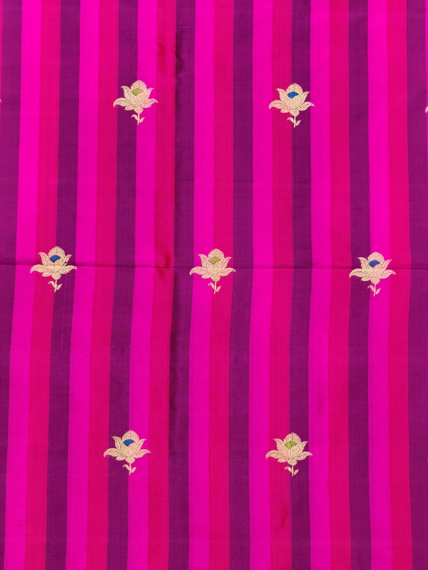Rani Pink Pure Katan Silk Fabric Rangkaat Stripes With Kadhwa Floral Boota