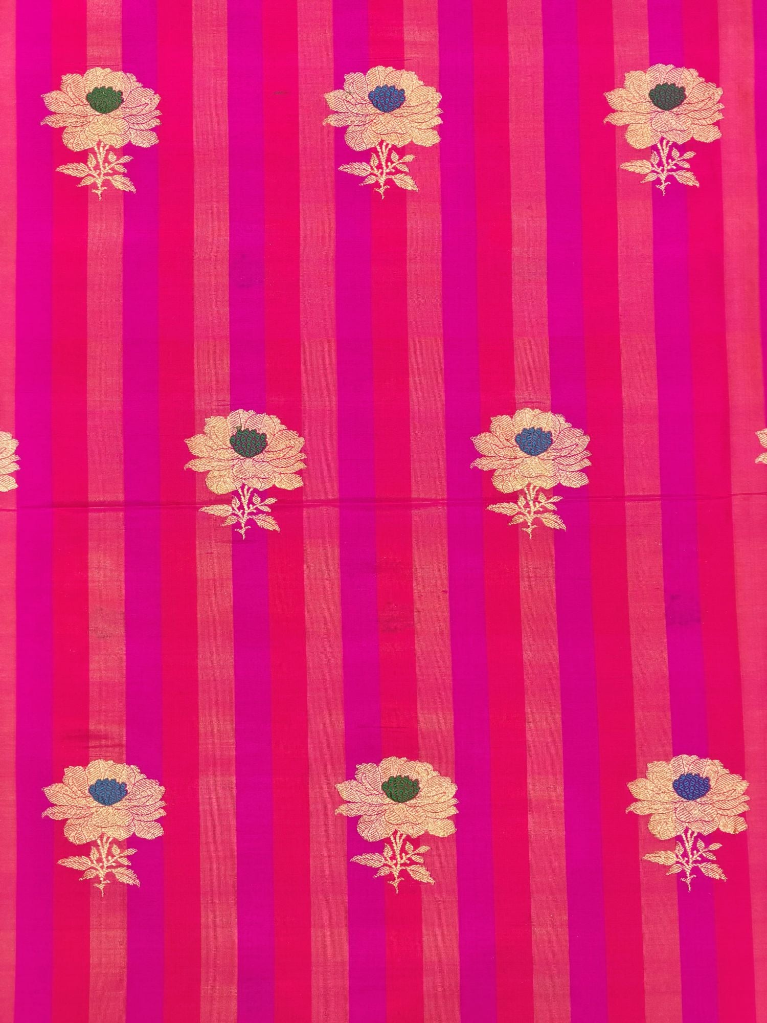 Rani Pink Pure Katan Silk Fabric Rangkaat Stripes With Kadhwa Floral Boota