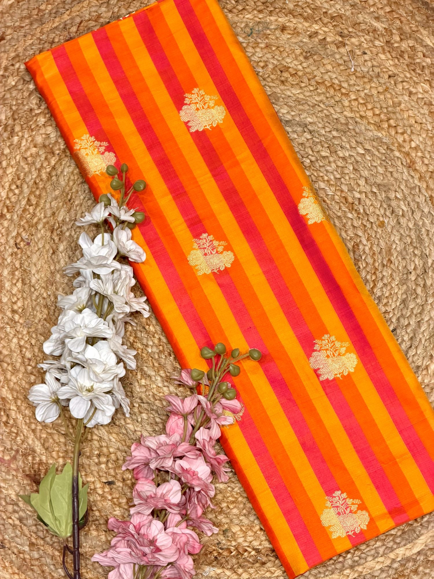 Orange Pure Katan Silk Fabric Rangkaat Stripes With Kadhwa Floral Boota