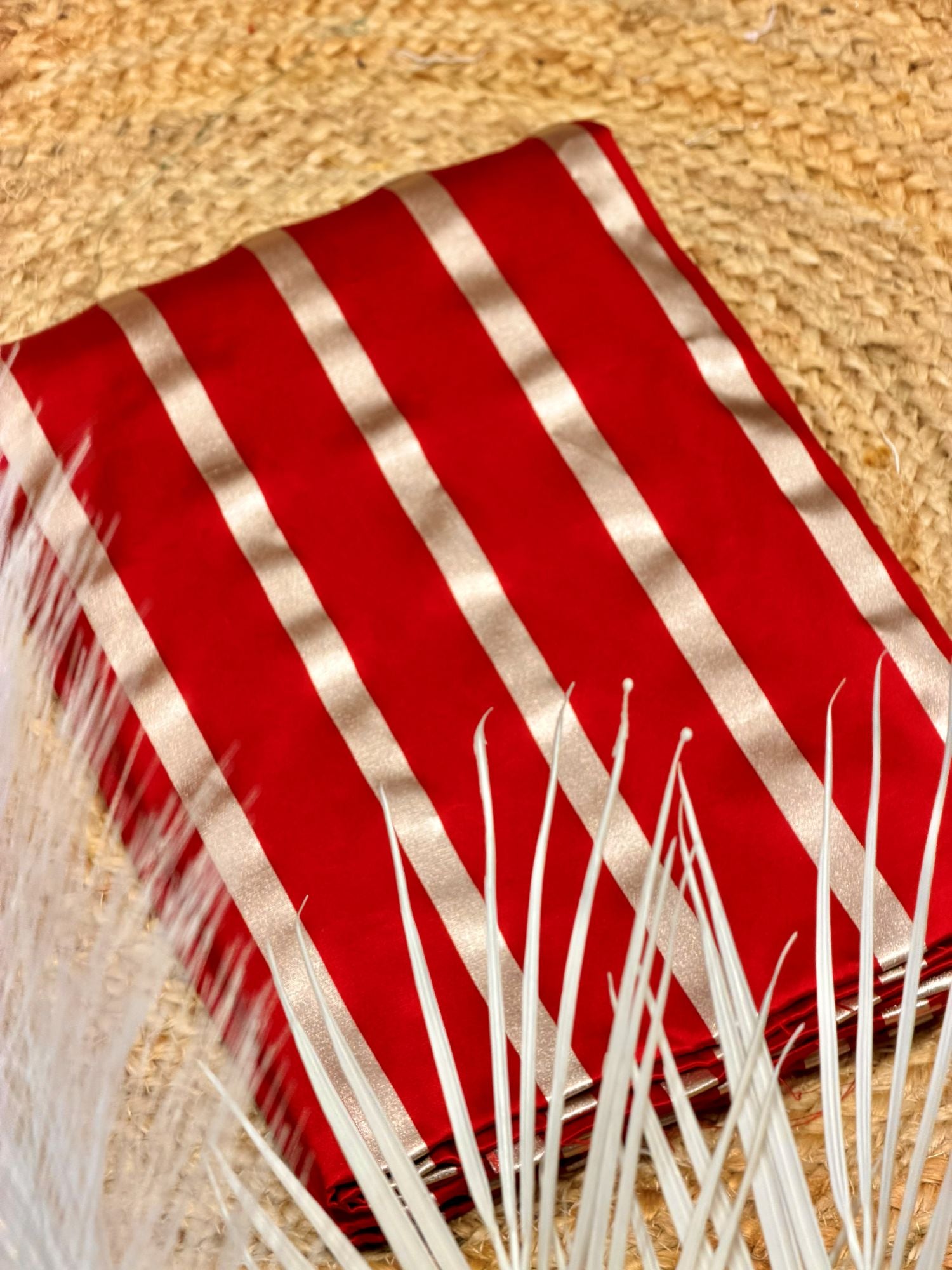 Red & Silver Pure Satin Silk Stripe Fabric