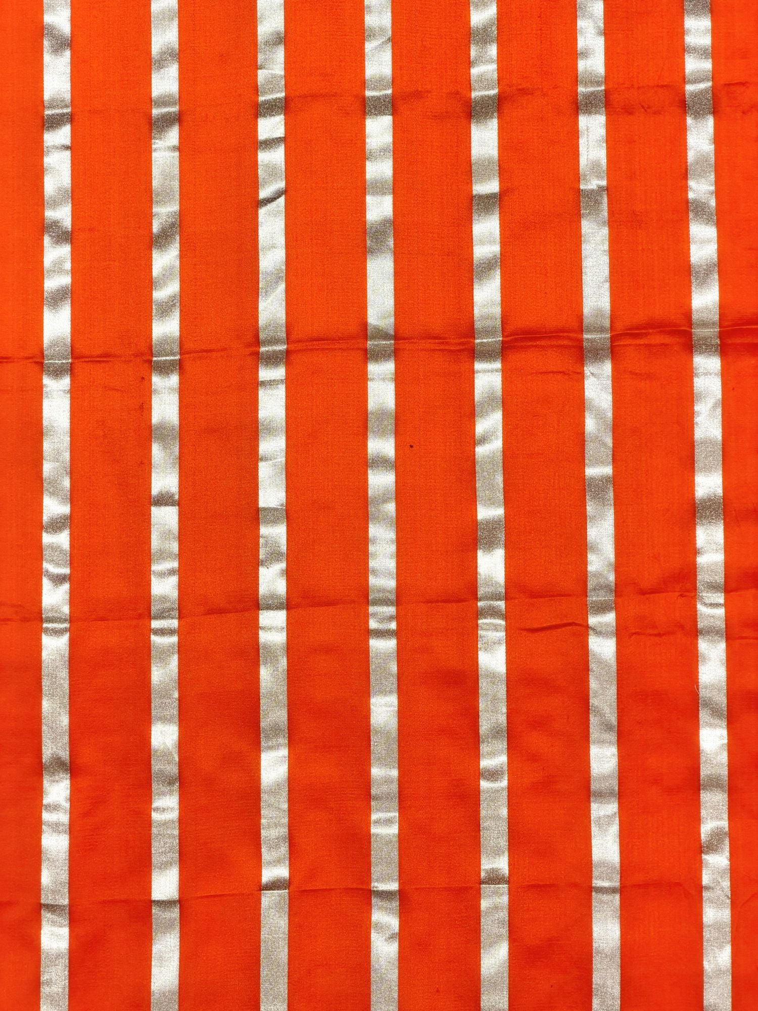 Orange & Silver Pure Satin Silk Stripe Fabric