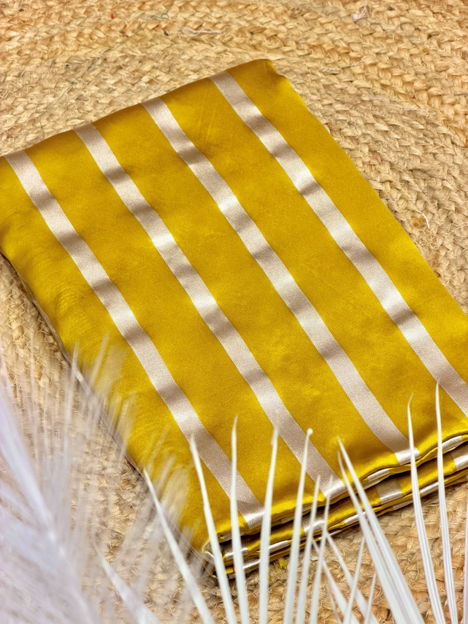 Mustard Yellow & Silver Pure Satin Silk Stripe Fabric