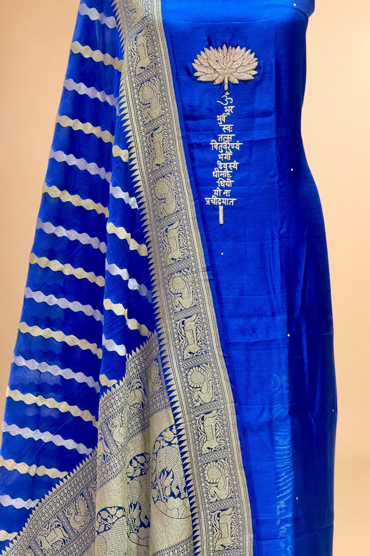 Chiniya silk suit with gayatri mantra embroidery and khaddi dupatta