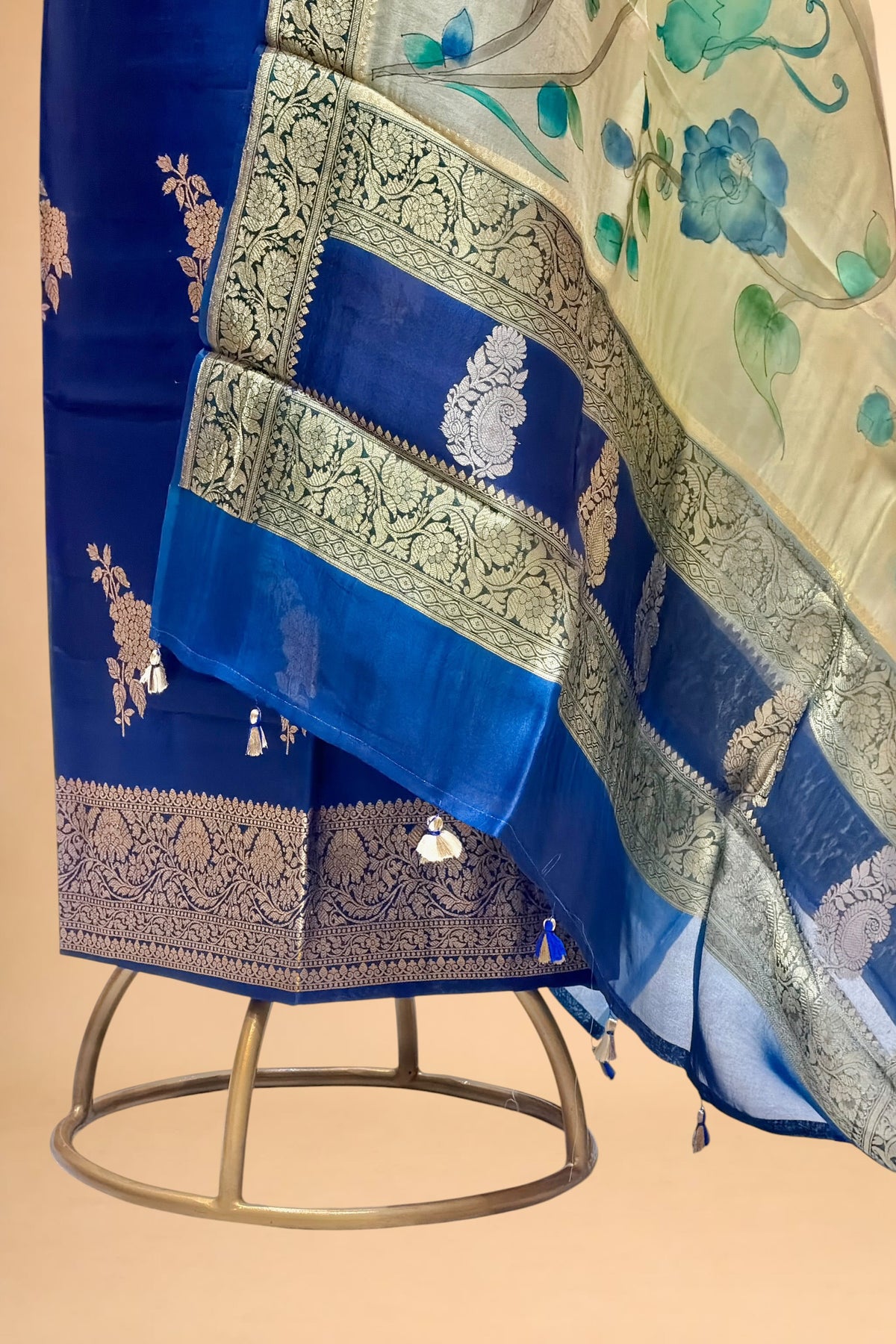 Deep Blue Pure Silk Suit with Organza Hand-Brush Painted Dupatta