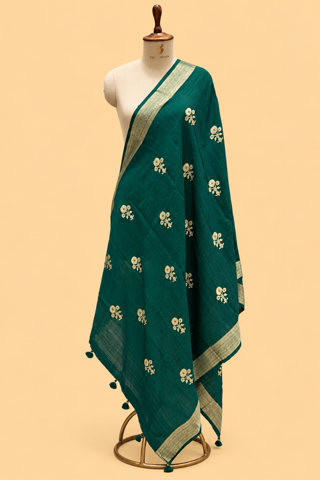 Deep Green Banarasi Raw Silk Dupatta with Gold Zari