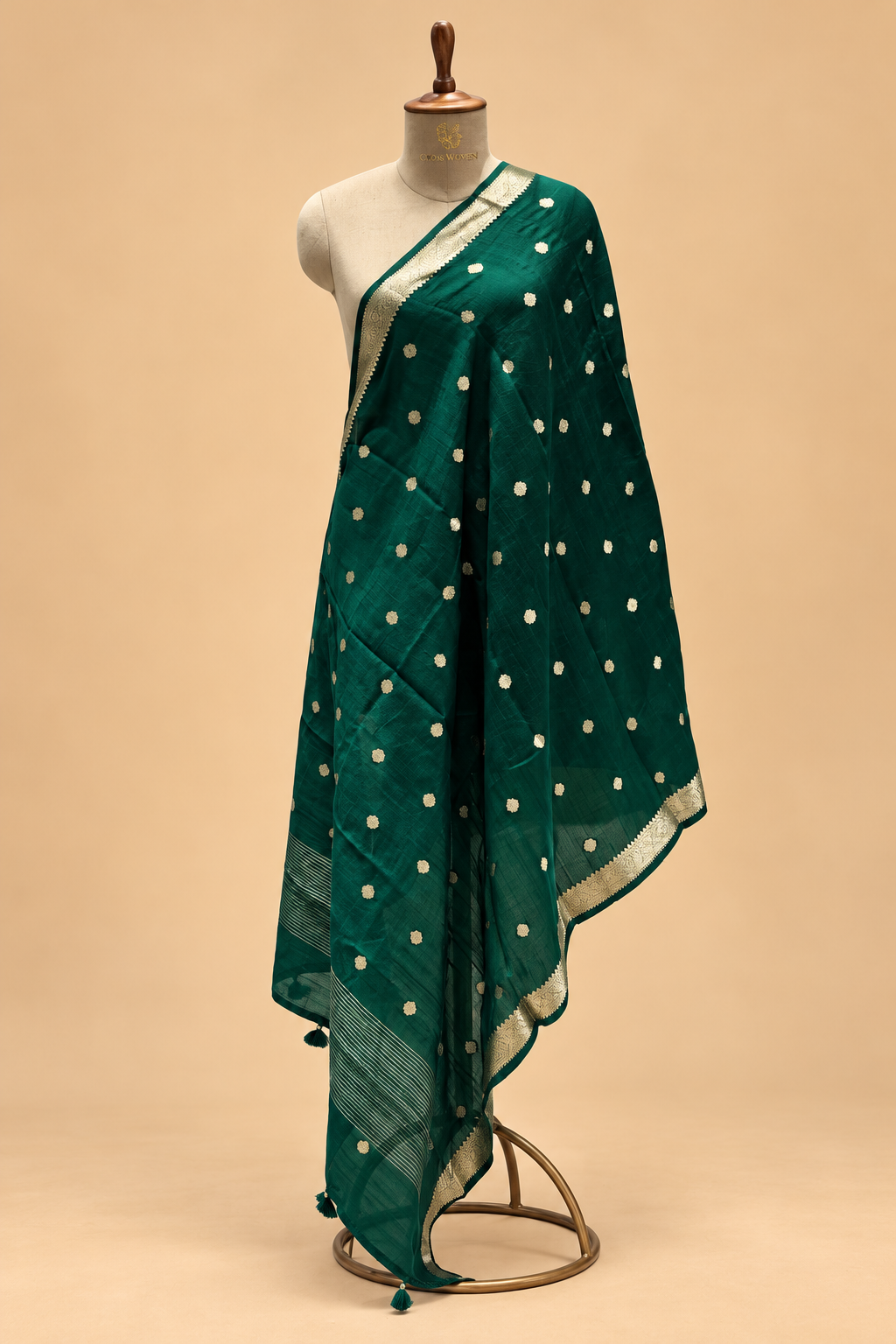 Emerald Green Banarasi Raw Silk Dupatta with Gold Zari Floral Bootis