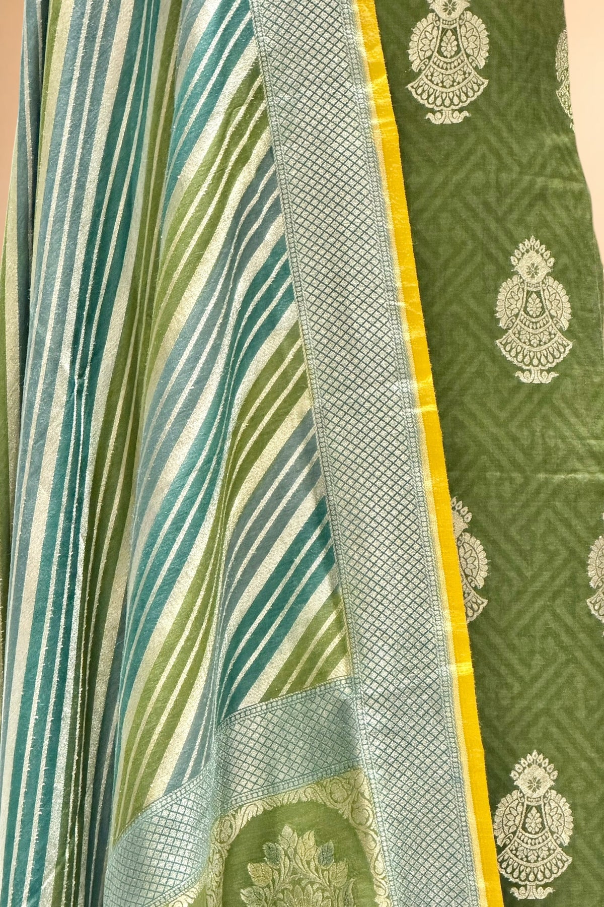 Dusty Green Pure Banarasi Munga Silk Suit Set With Rangkat Leheriya Dupatta