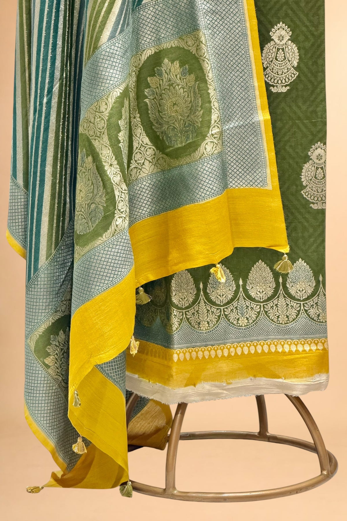 Dusty Green Pure Banarasi Munga Silk Suit Set With Rangkat Leheriya Dupatta