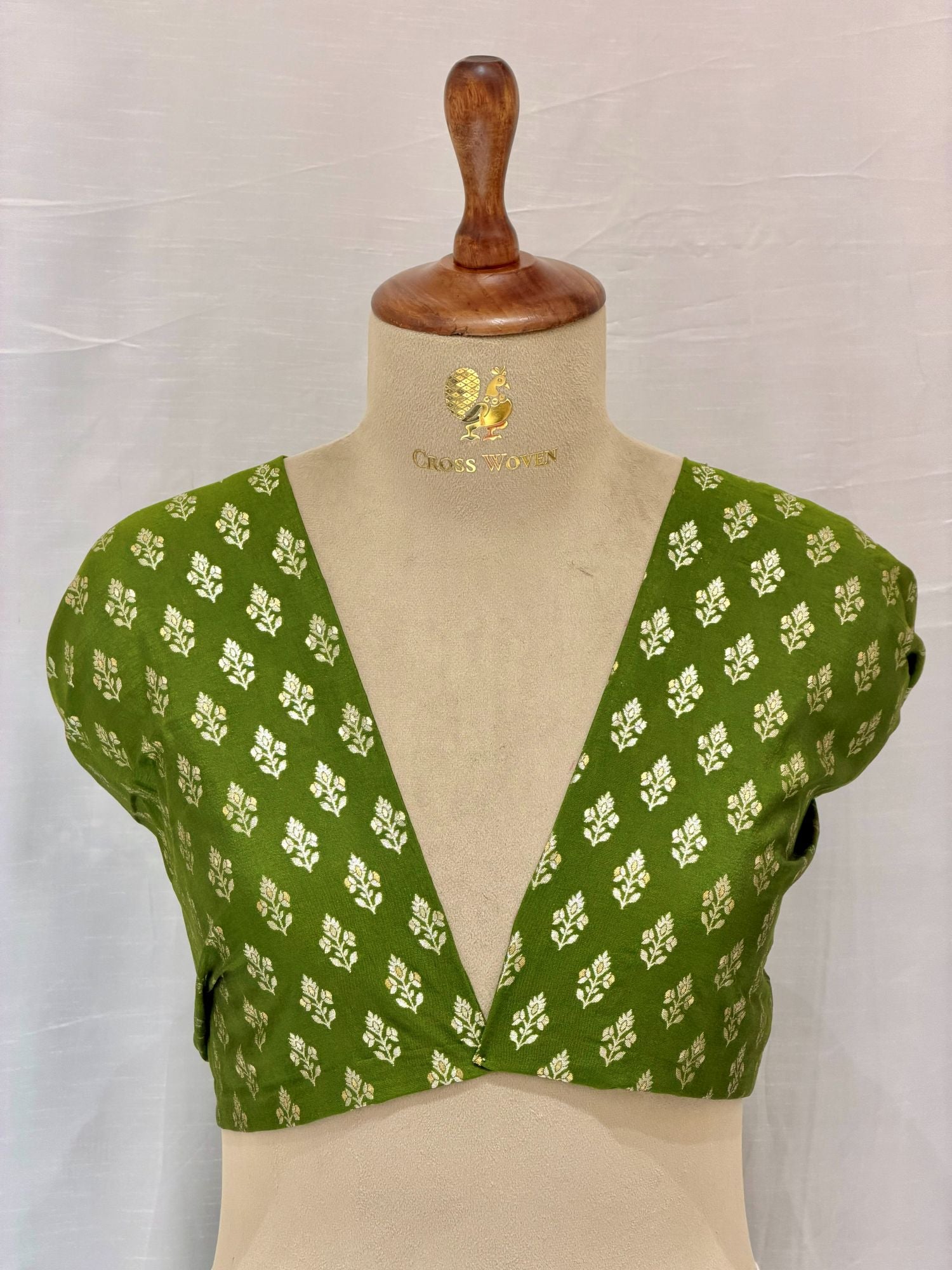 Olive Green Semi Katan Silk Allover Floral Bootis Blouse Piece