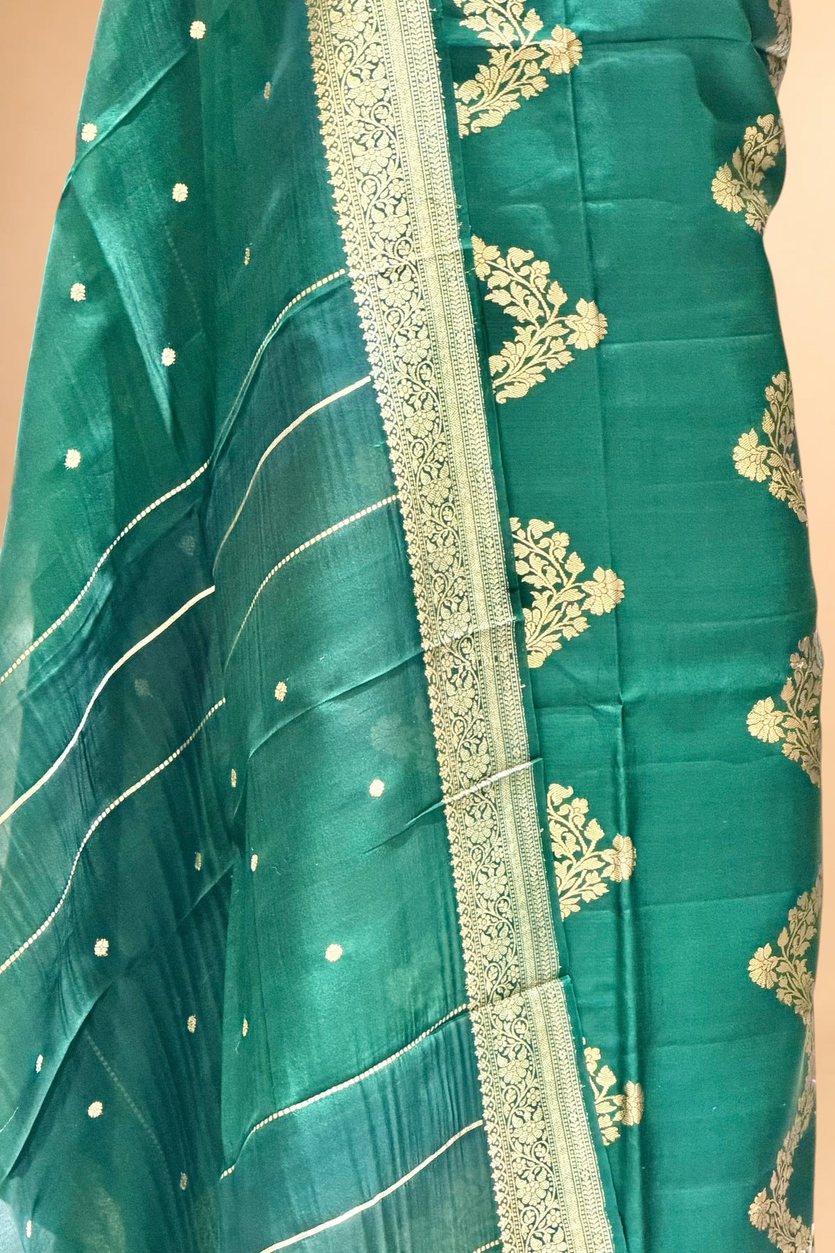 Deep Green Banarasi Soft Silk Suit Set With Organza Dupatta